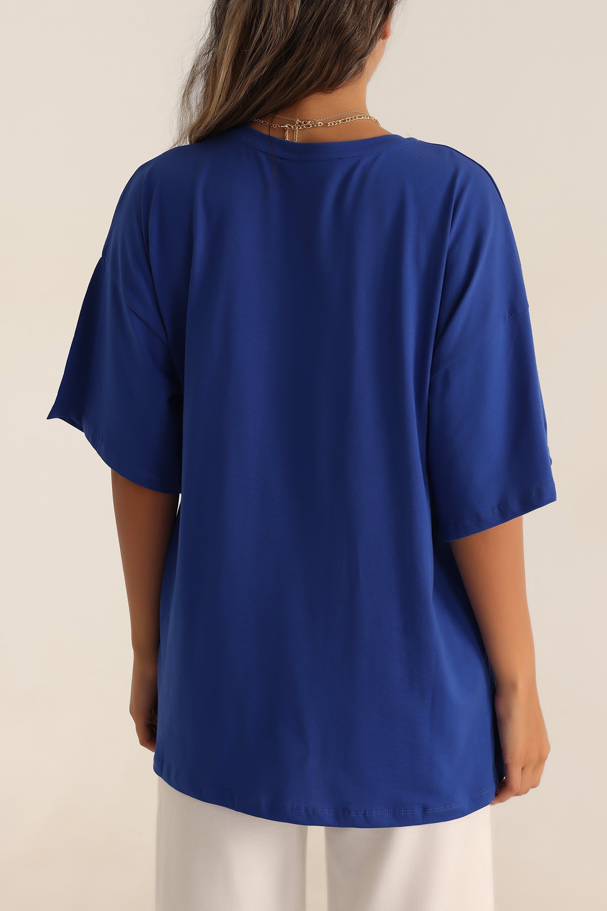 Saks Mavisi Nakışlı Oversize Bayan Tişört 192594