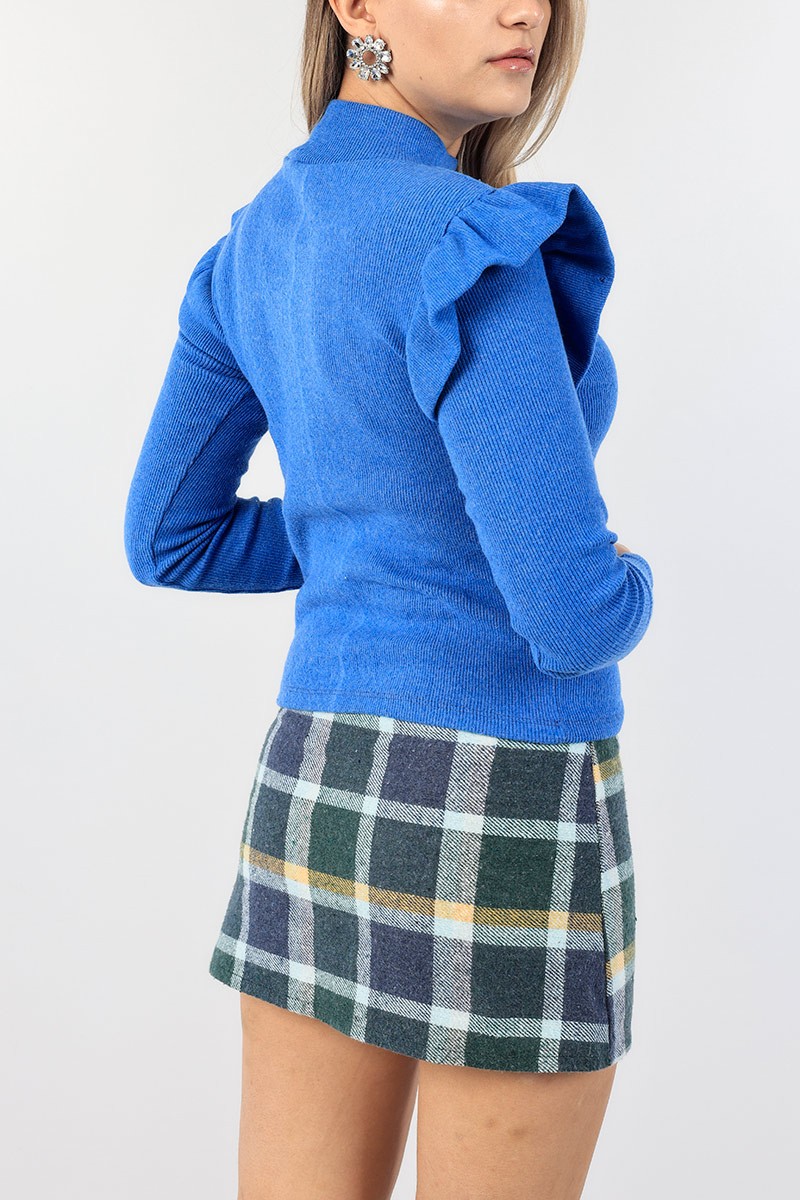 Saks Mavisi Omuz Tasarım Fitilli Bluz 90496