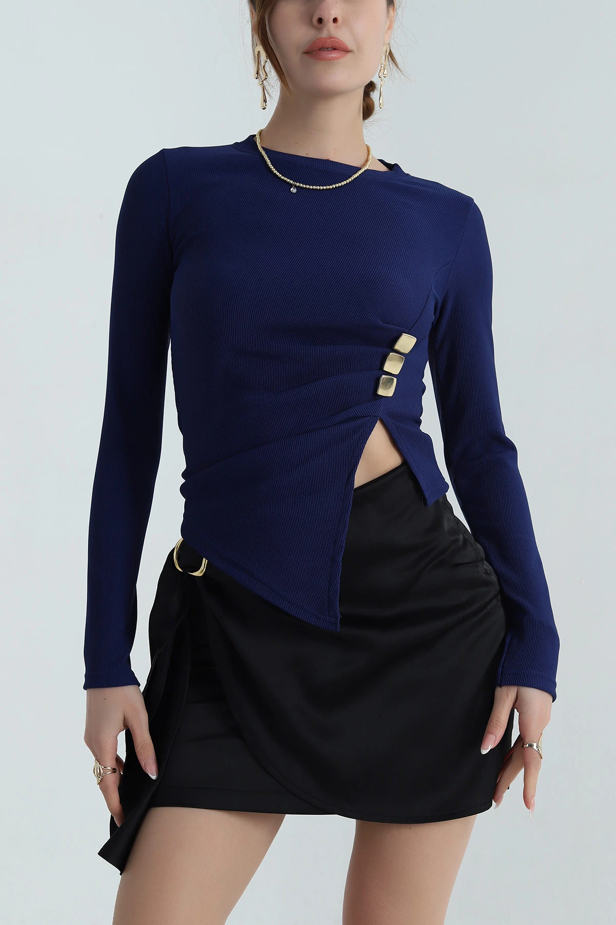 Saks Mavisi Ottoman Likralı Uzun Kol Kadın Bluz 396488