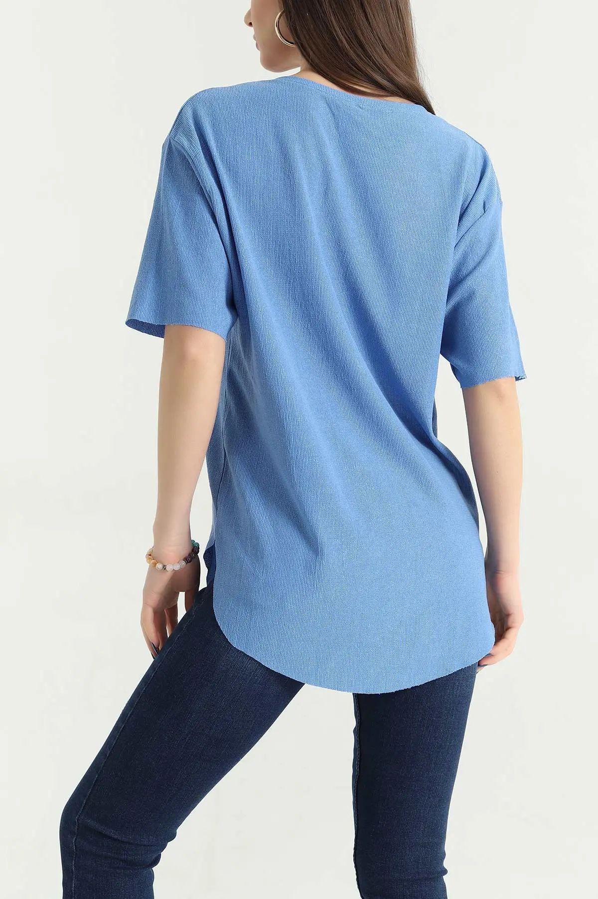 Saks Mavisi Oval Kesim Dokulu Tişört 337675