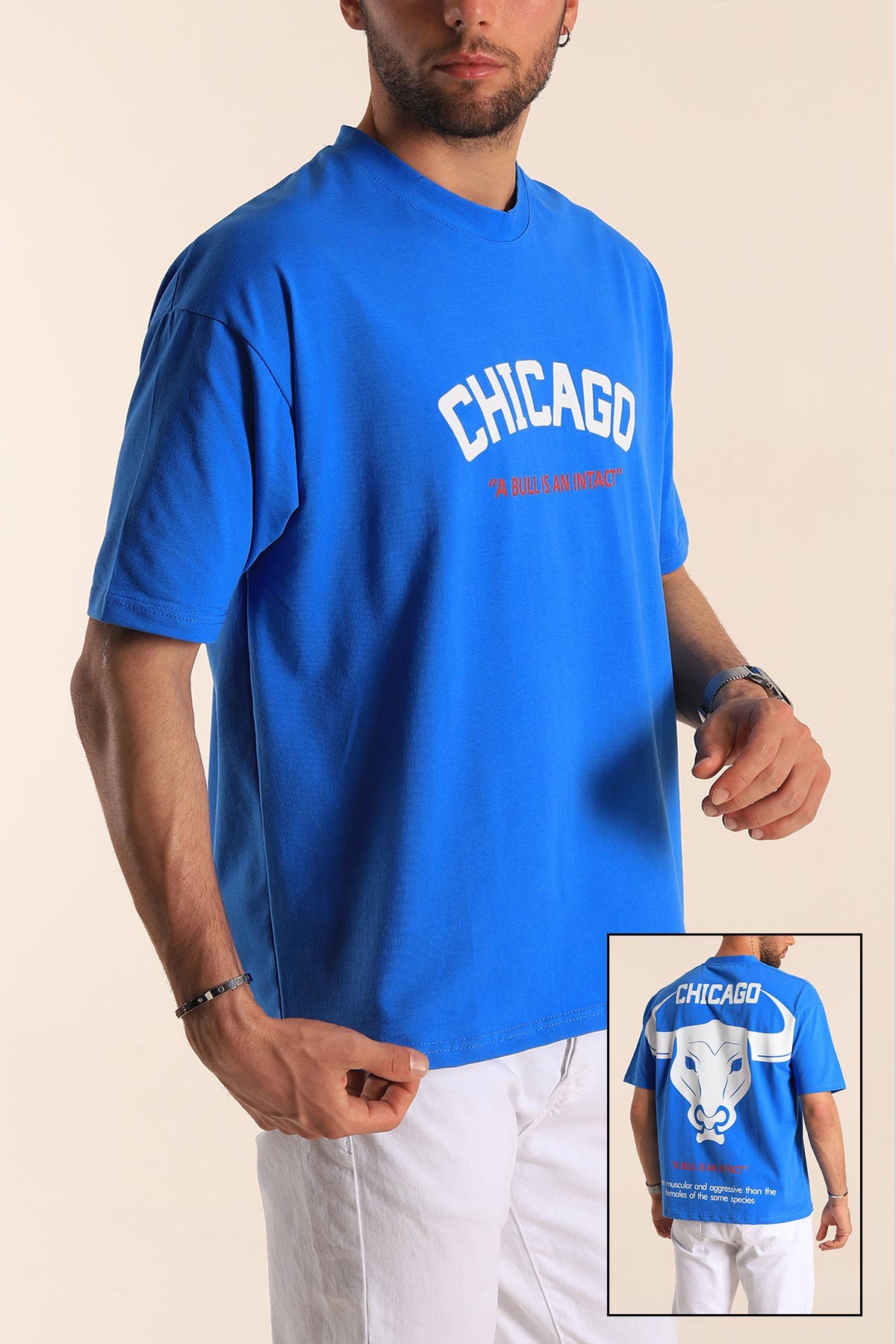 Saks Mavisi Oversize Chicago Baskılı Erkek Tişört 181408