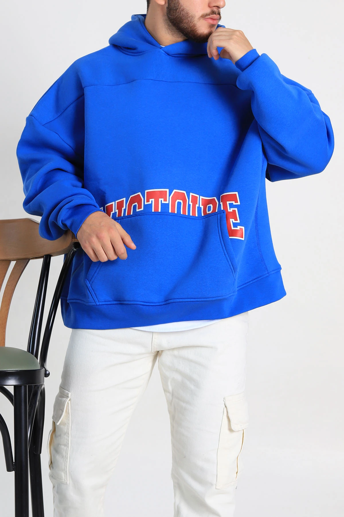 Saks Mavisi Oversize Üç İp Şardonlu Baskılı Kanguru Cepli Kapüşonlu Erkek Sweatshirt 307229