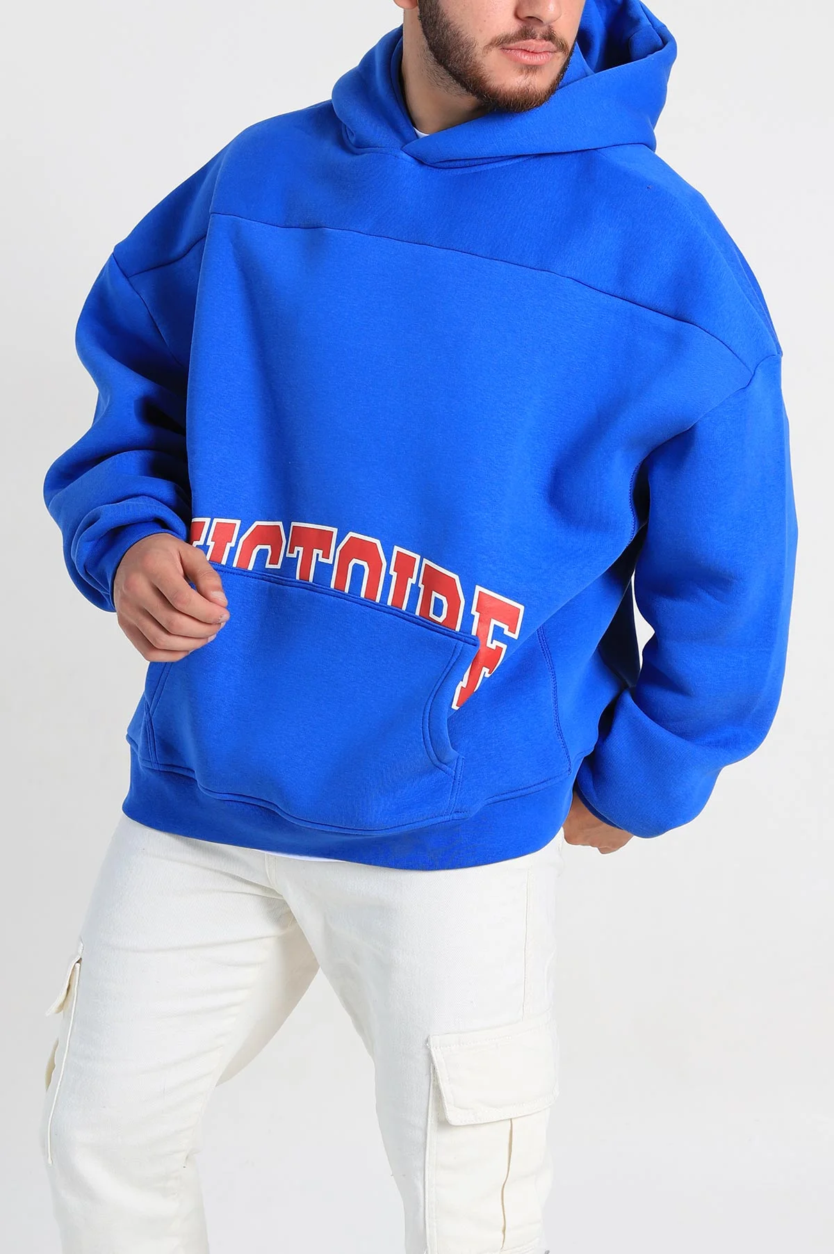 Saks Mavisi Oversize Üç İp Şardonlu Baskılı Kanguru Cepli Kapüşonlu Erkek Sweatshirt 307229