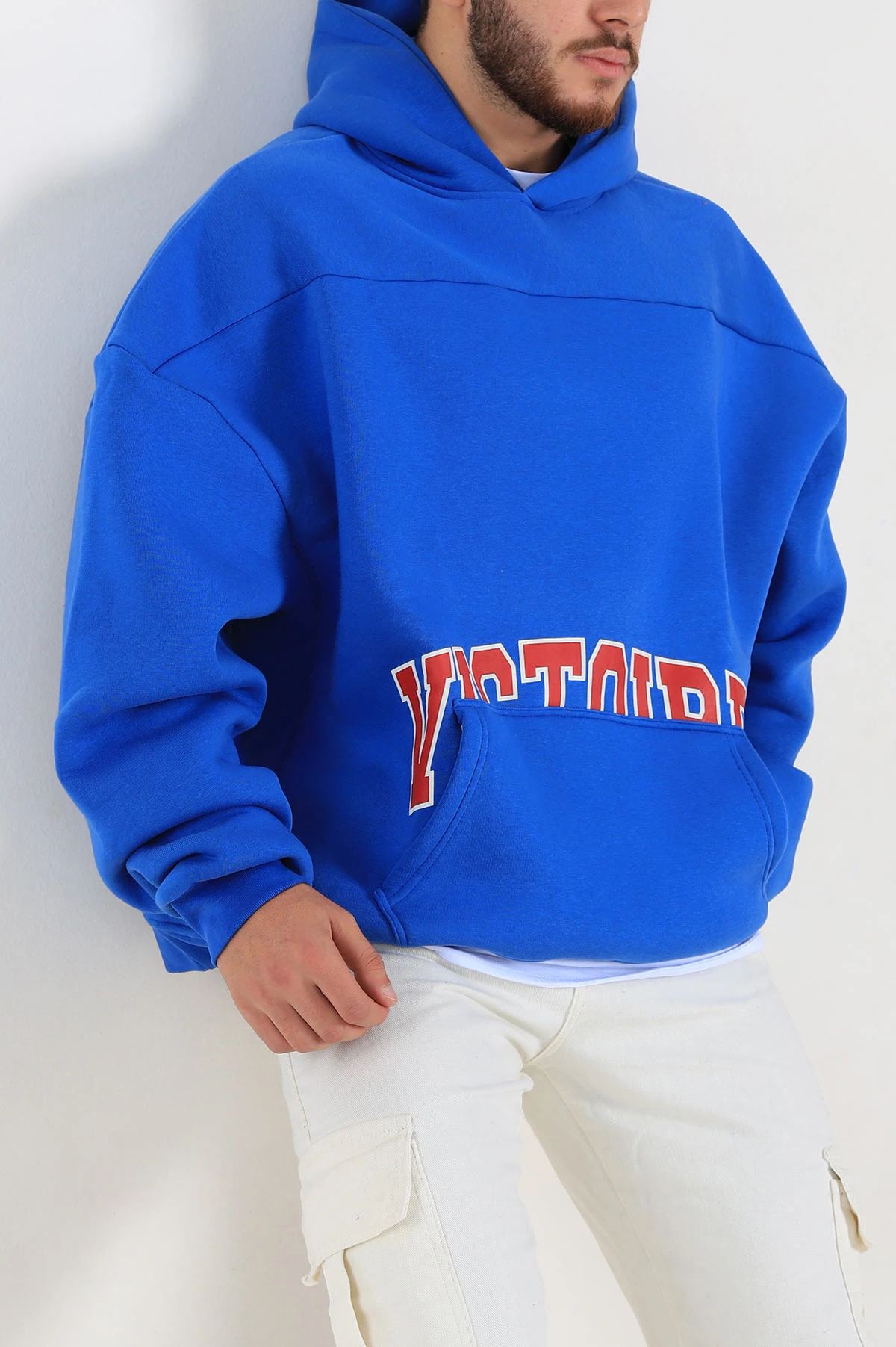 Saks Mavisi Oversize Üç İp Şardonlu Baskılı Kanguru Cepli Kapüşonlu Erkek Sweatshirt 307229