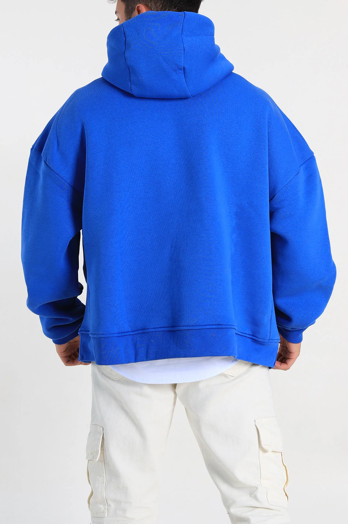 Saks Mavisi Oversize Üç İp Şardonlu Baskılı Kanguru Cepli Kapüşonlu Erkek Sweatshirt 307229