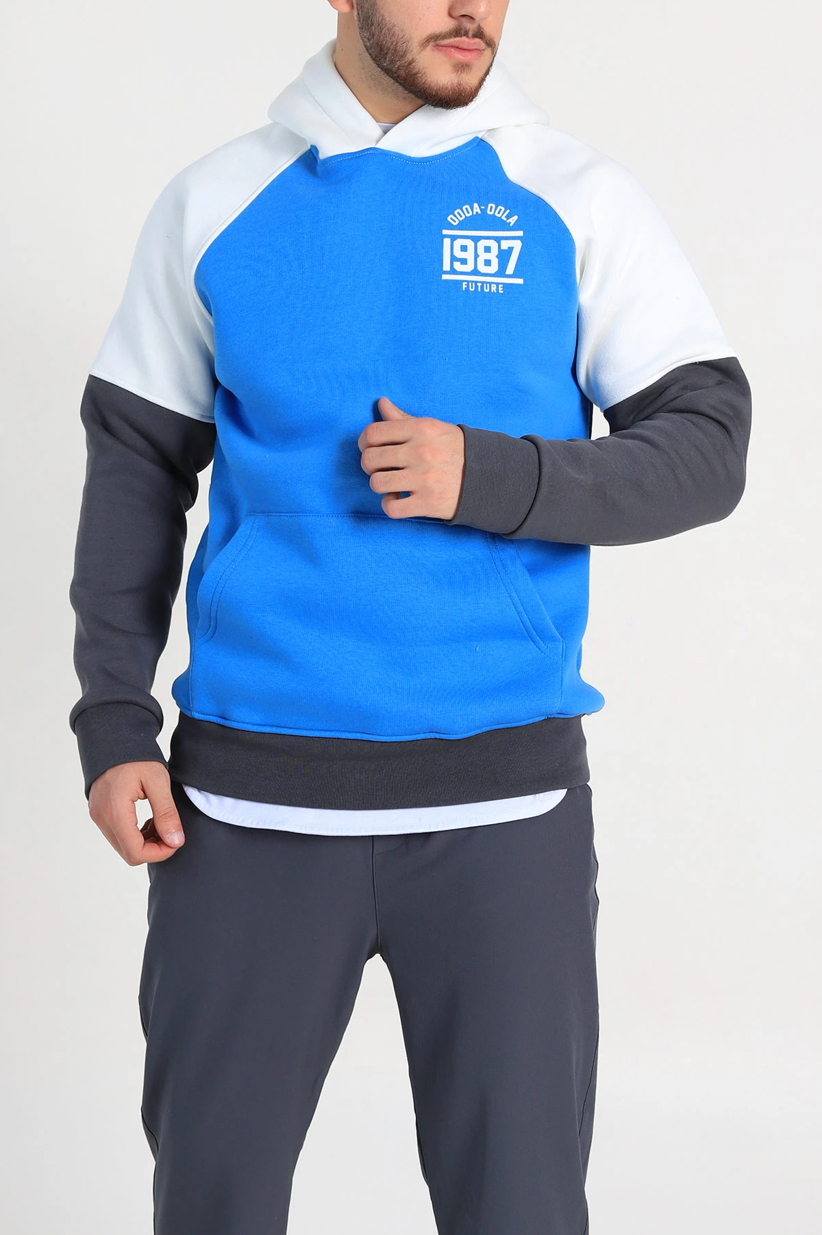 Saks Mavisi Oversize Üç İp Şardonlu Yazı Detaylı Kapüşonlu Erkek Sweatshirt 309199