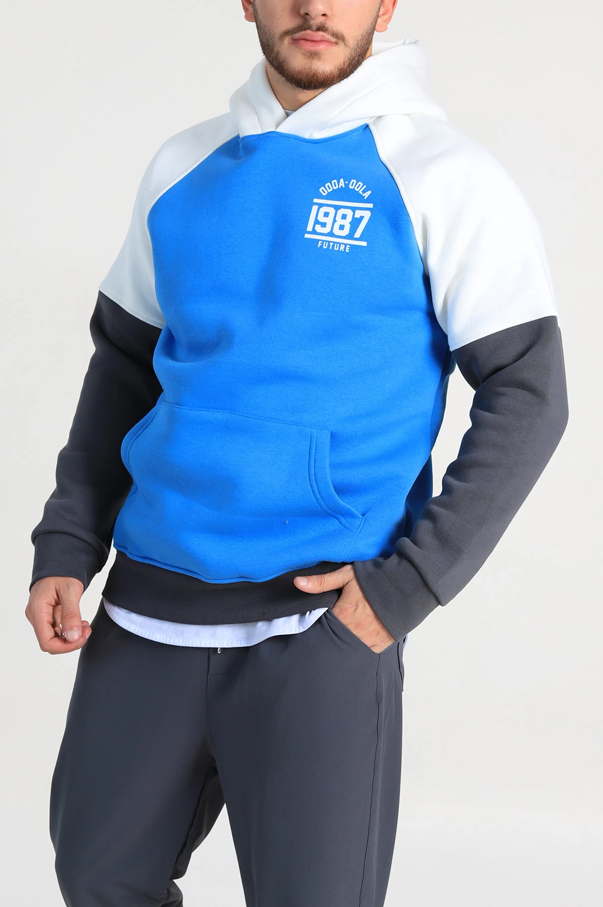 Saks Mavisi Oversize Üç İp Şardonlu Yazı Detaylı Kapüşonlu Erkek Sweatshirt 309199