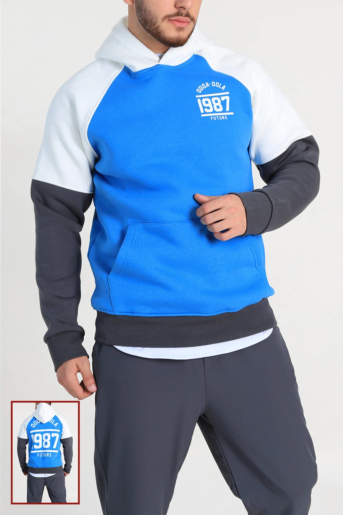 Saks Mavisi Oversize Üç İp Şardonlu Yazı Detaylı Kapüşonlu Erkek Sweatshirt 309199