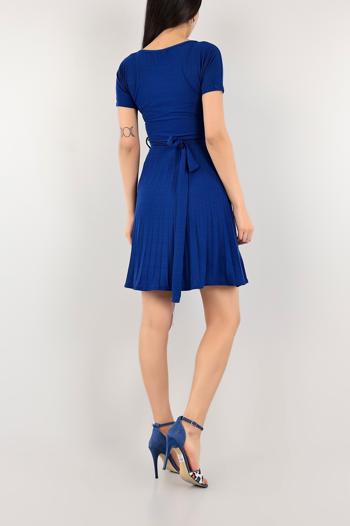 Saks Mavisi Pliseli Kemerli Elbise 110256