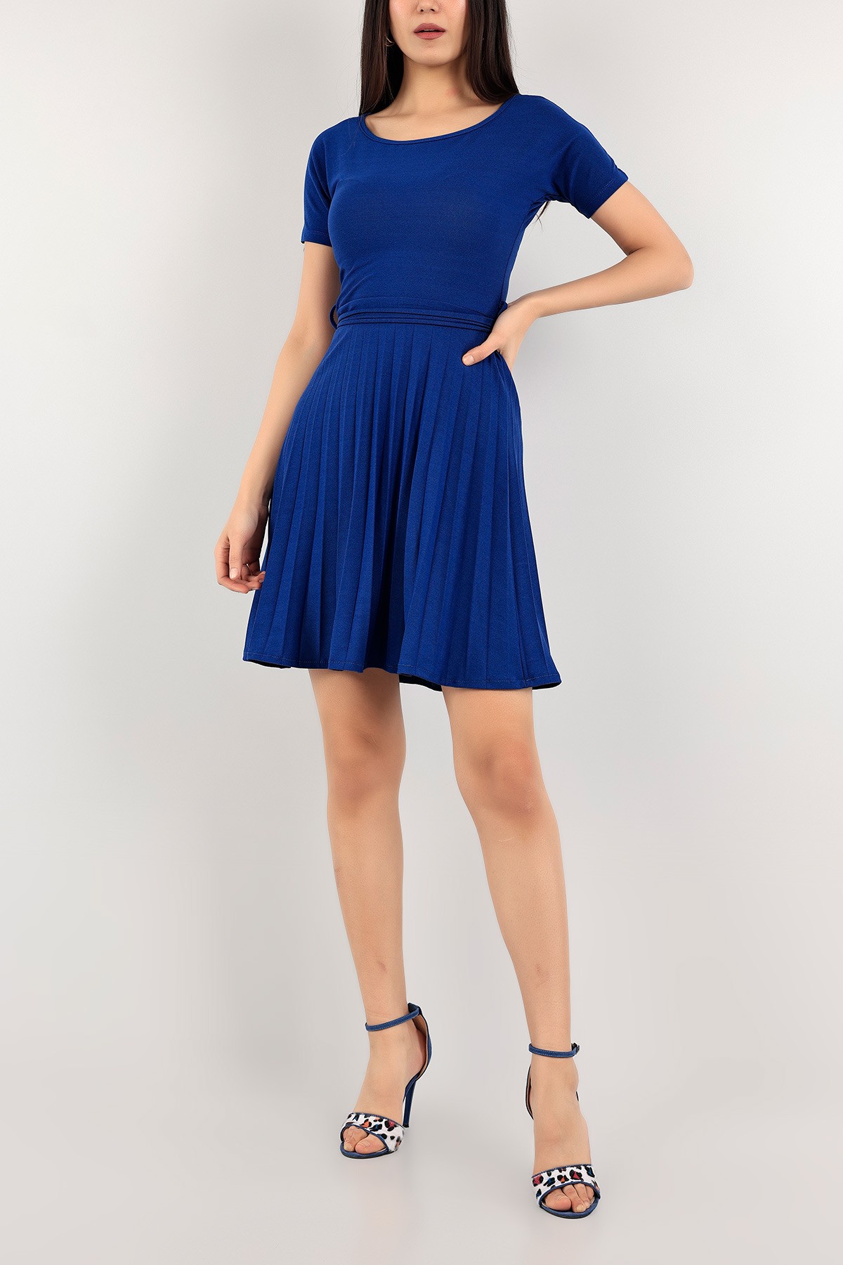 Saks Mavisi Pliseli Kemerli Elbise 110256