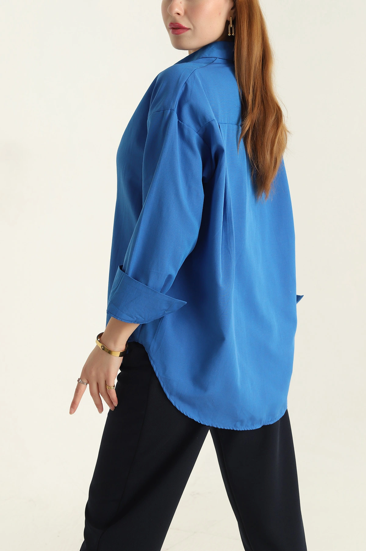 Saks Mavisi Poplin Kumaş Gizli Pat Kadın Gömlek 304523