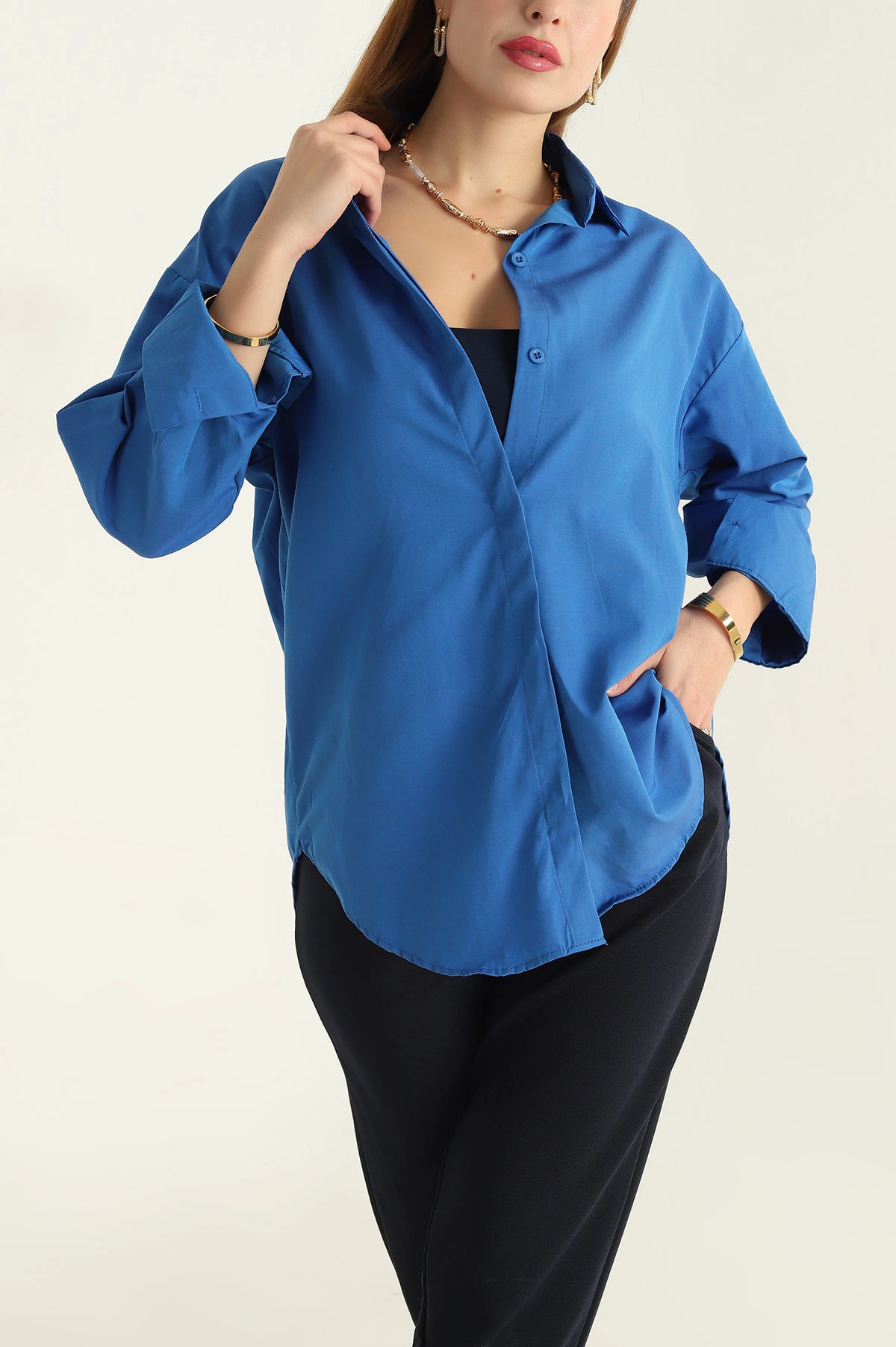 Saks Mavisi Poplin Kumaş Gizli Pat Kadın Gömlek 304523