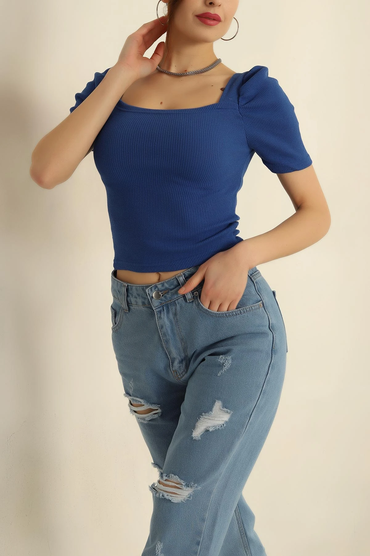 Saks Mavisi Prenses Kol Fitilli Bluz 258786