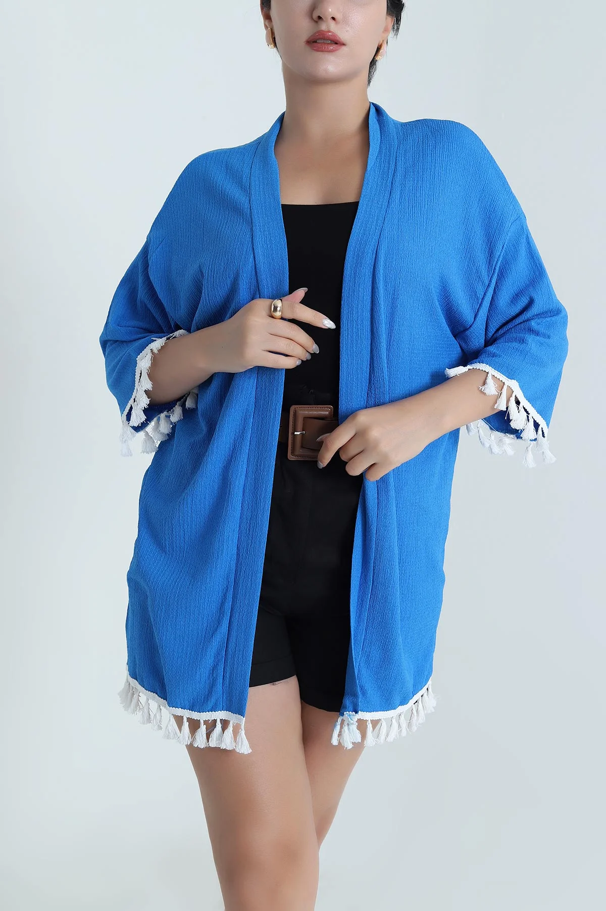 Saks Mavisi Püsküllü Bürümcük Kadın Kimono 481632