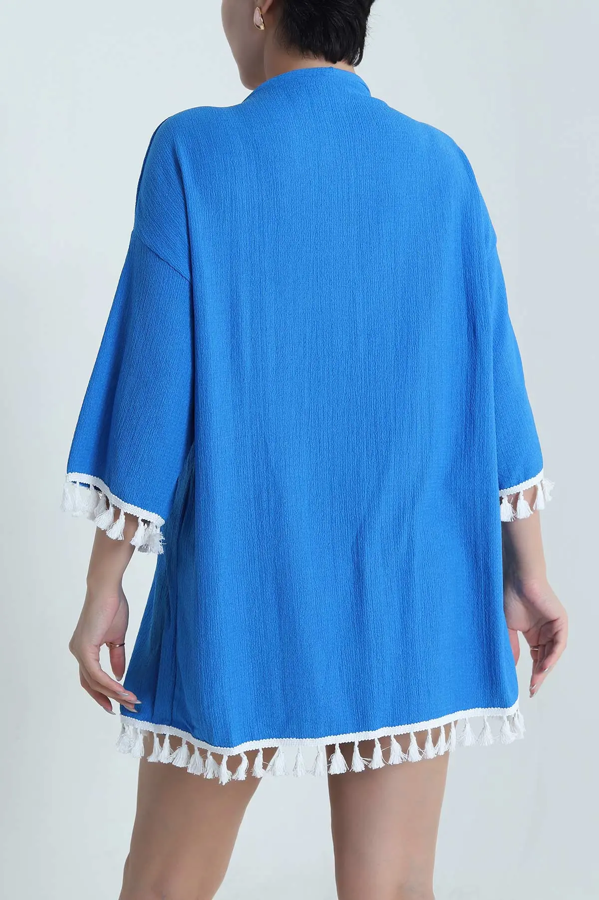 Saks Mavisi Püsküllü Bürümcük Kadın Kimono 481632