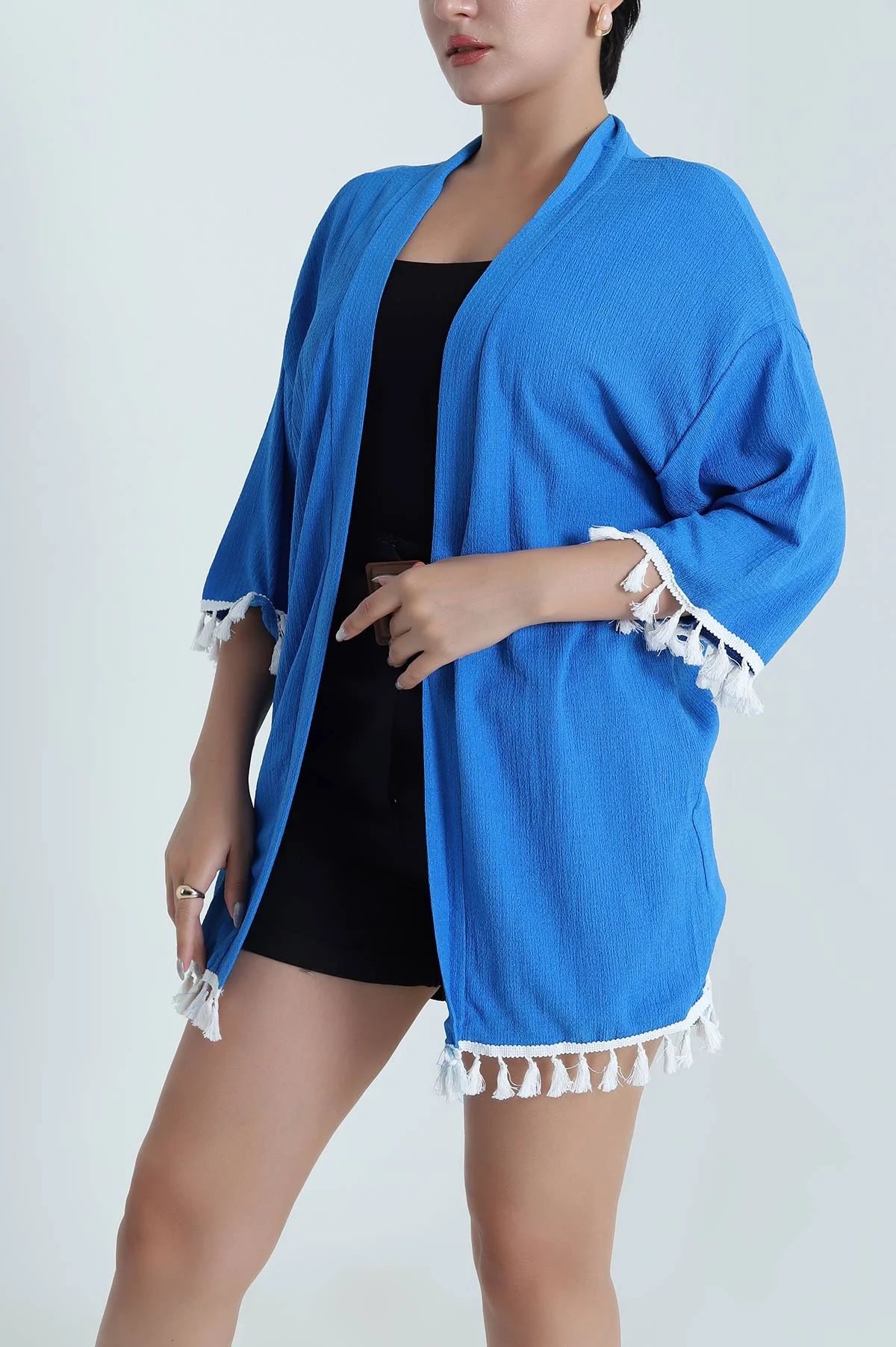 Saks Mavisi Püsküllü Bürümcük Kadın Kimono 481632