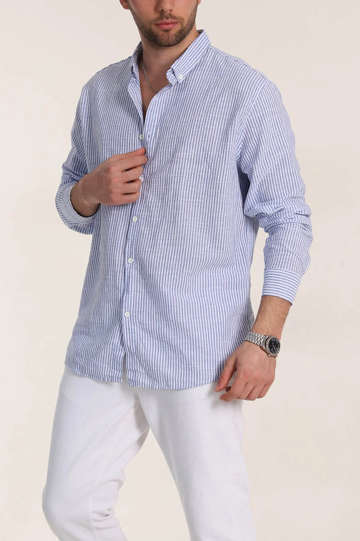 Saks Mavisi Regular Fit Çizgili Ata Yaka Erkek Gömlek 349920