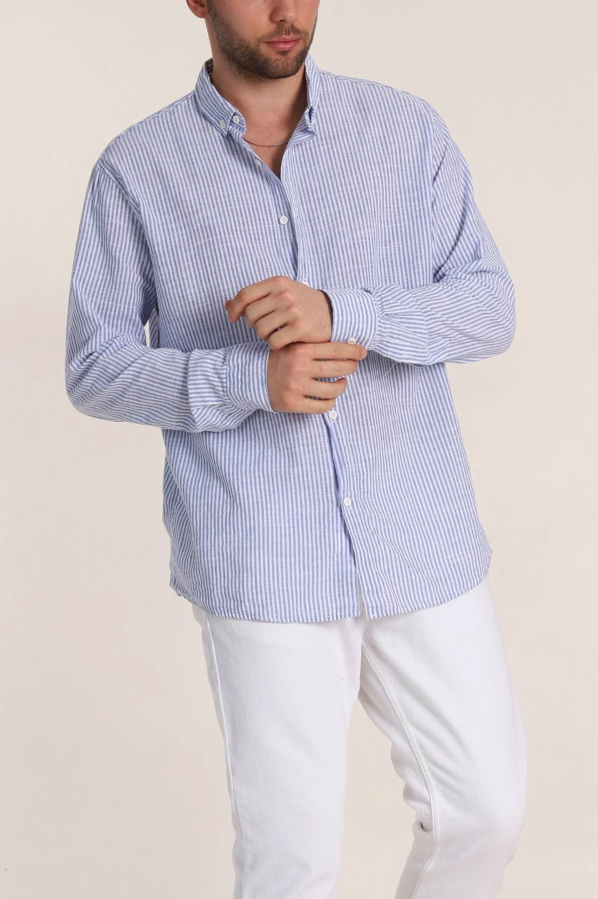 Saks Mavisi Regular Fit Çizgili Ata Yaka Erkek Gömlek 349920