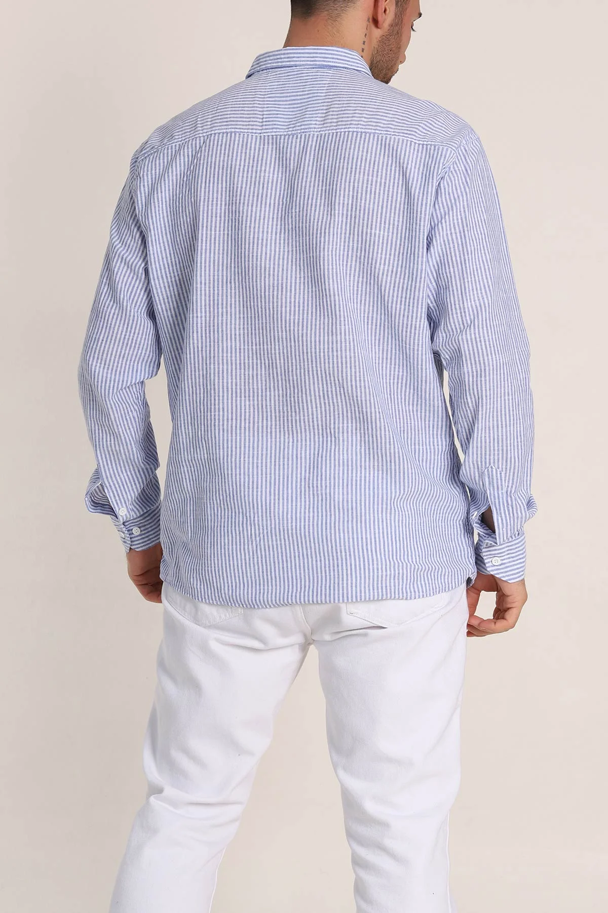 Saks Mavisi Regular Fit Çizgili Ata Yaka Erkek Gömlek 349920