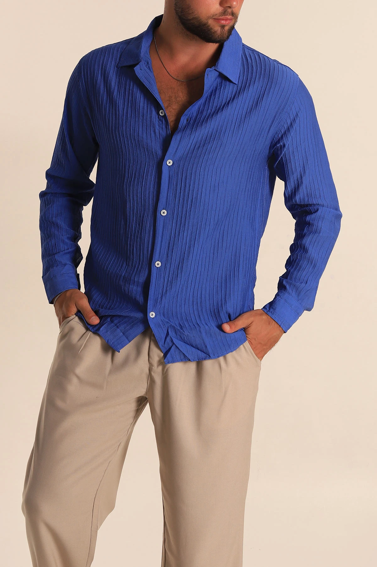 Saks Mavisi Regular Fit Plise Dokulu Erkek Gömlek 285474