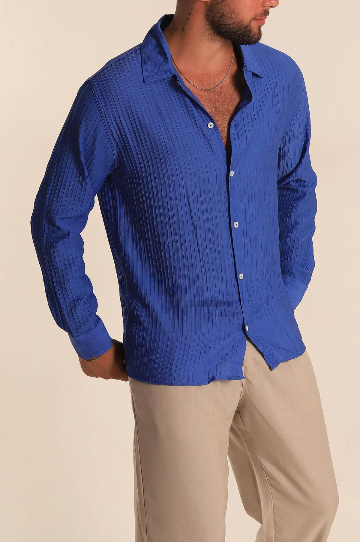 Saks Mavisi Regular Fit Plise Dokulu Erkek Gömlek 285474