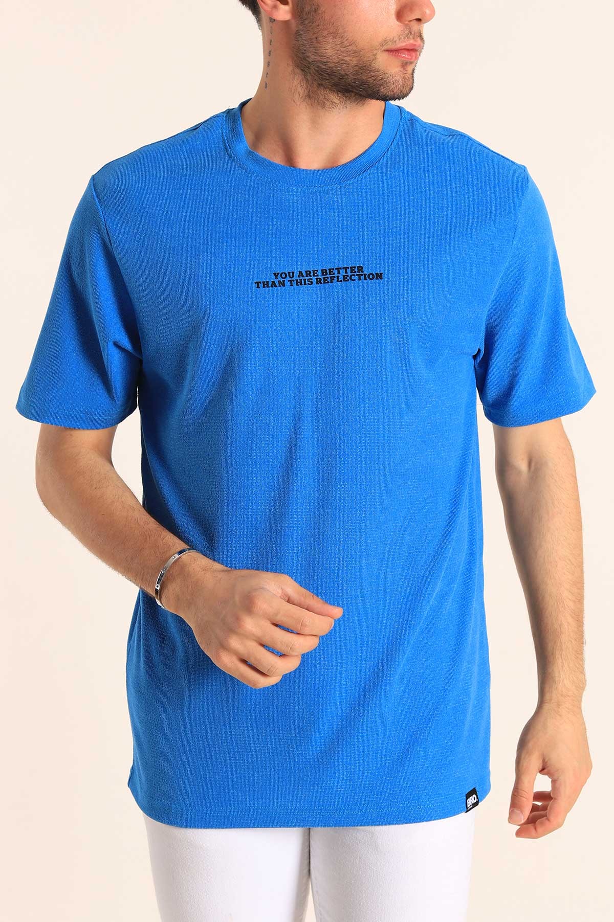 Saks Mavisi Relaxed Fit Dokulu Slogan Baskılı Erkek Tişört 186773