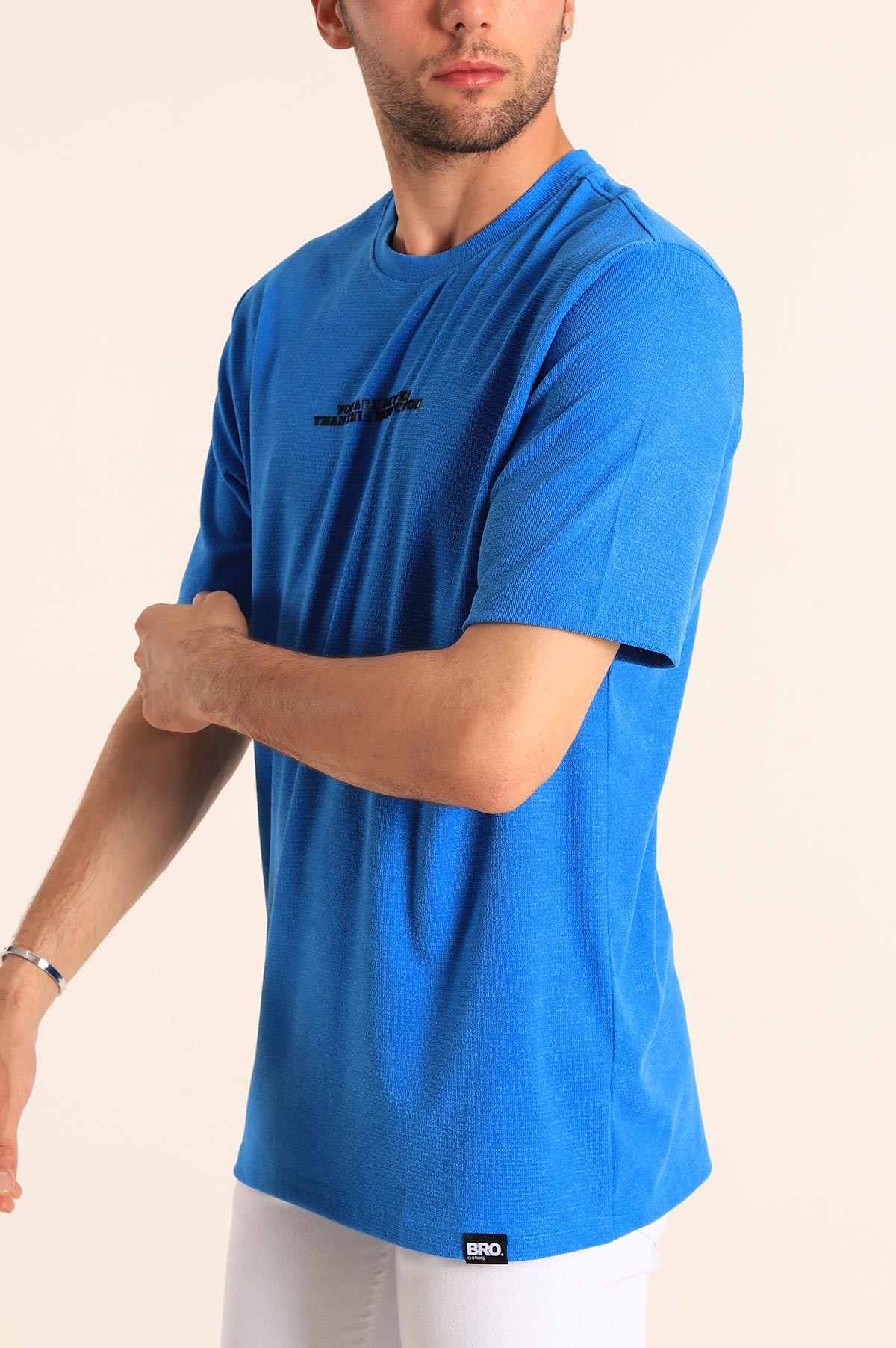 Saks Mavisi Relaxed Fit Dokulu Slogan Baskılı Erkek Tişört 186773