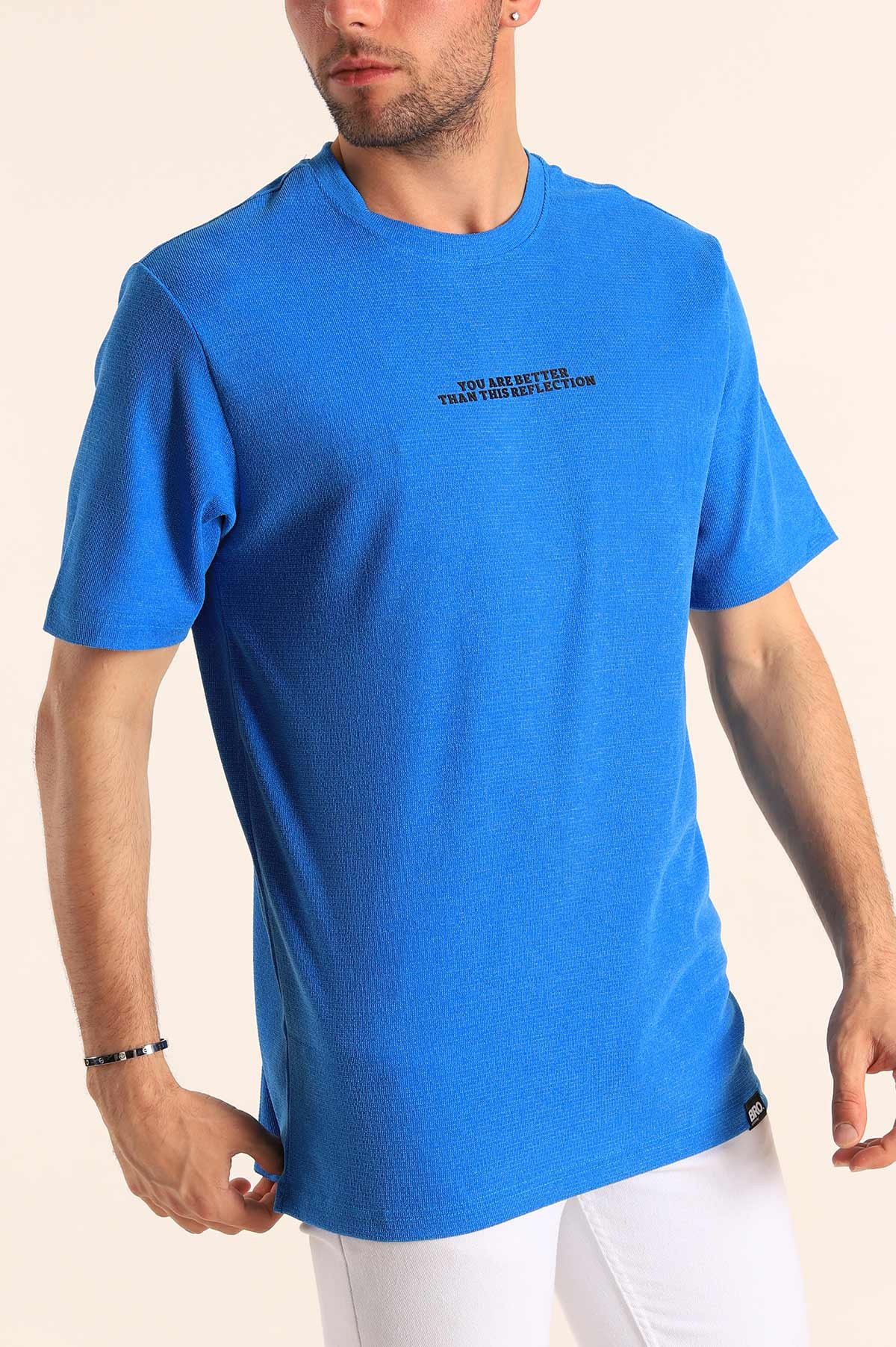 Saks Mavisi Relaxed Fit Dokulu Slogan Baskılı Erkek Tişört 186773