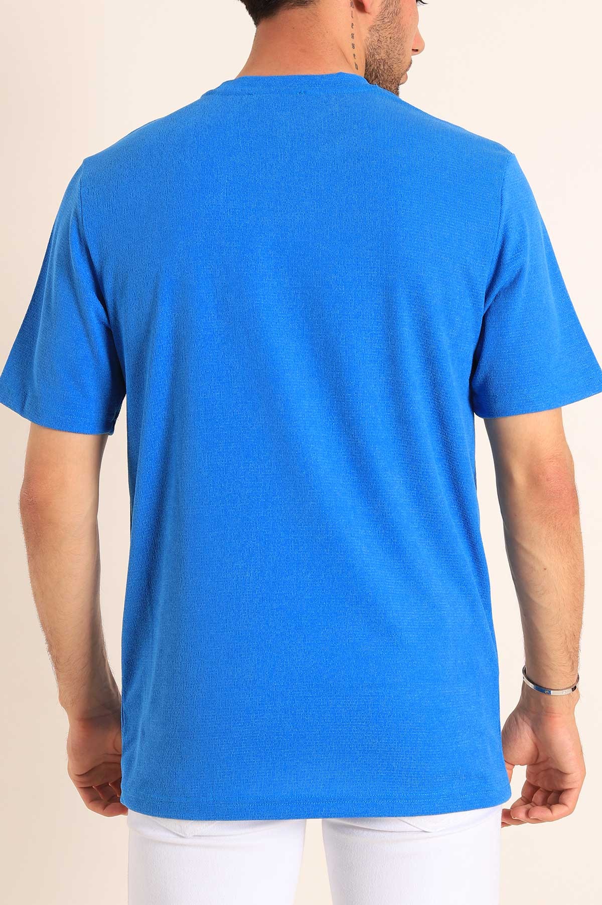 Saks Mavisi Relaxed Fit Dokulu Slogan Baskılı Erkek Tişört 186773