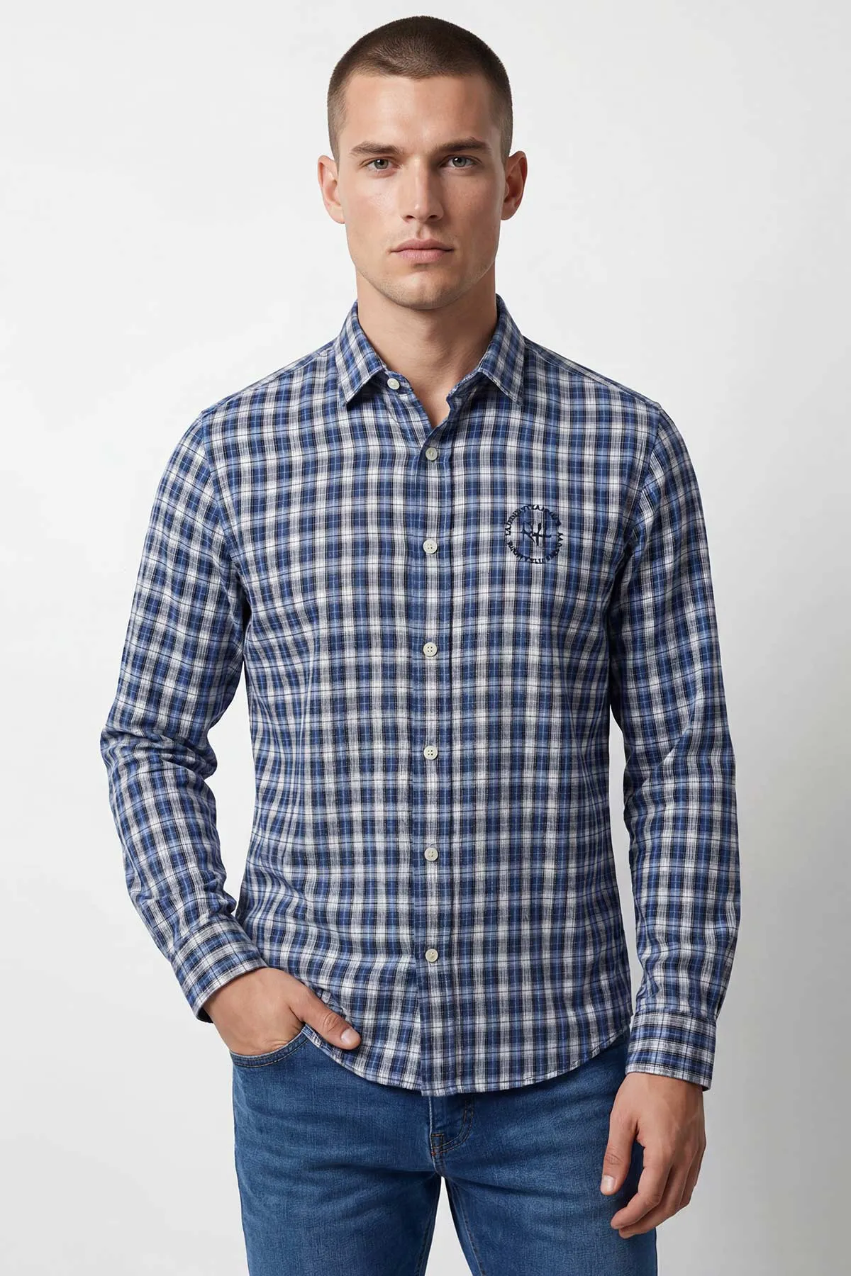 Saks Mavisi Relaxed Fit Kare Desen Erkek Gömlek 435778