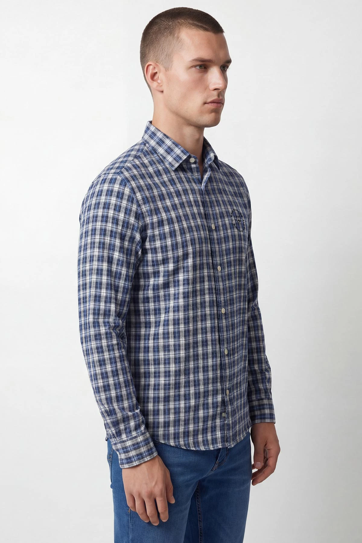 Saks Mavisi Relaxed Fit Kare Desen Erkek Gömlek 435778