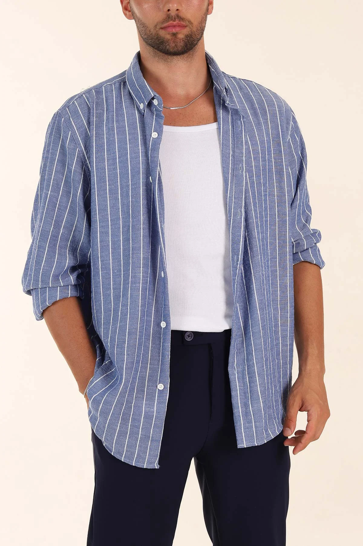 Saks Mavisi Relaxed Fit Keten Ata Yaka Çizgili Erkek Gömlek 376957