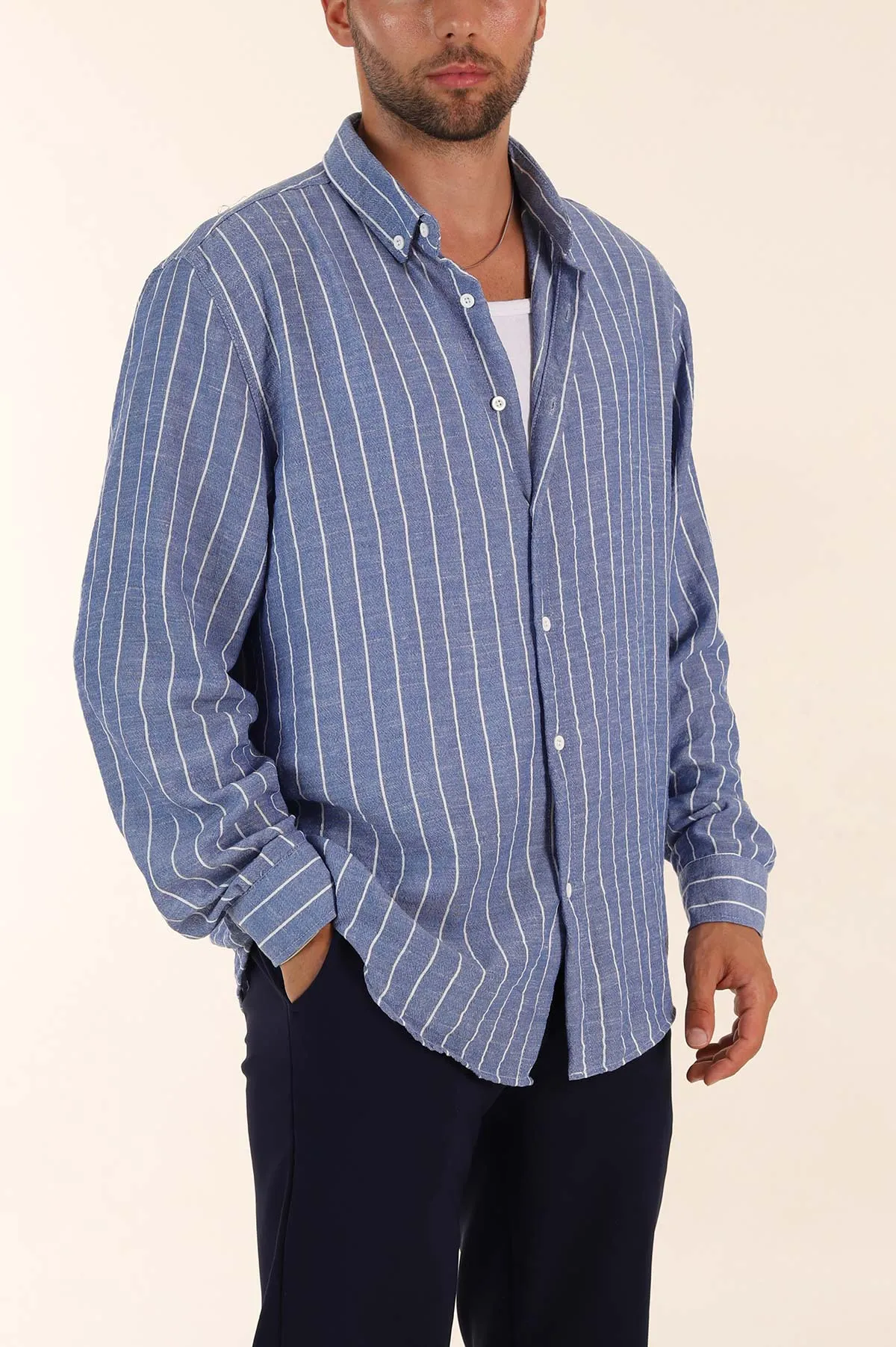 Saks Mavisi Relaxed Fit Keten Ata Yaka Çizgili Erkek Gömlek 376957