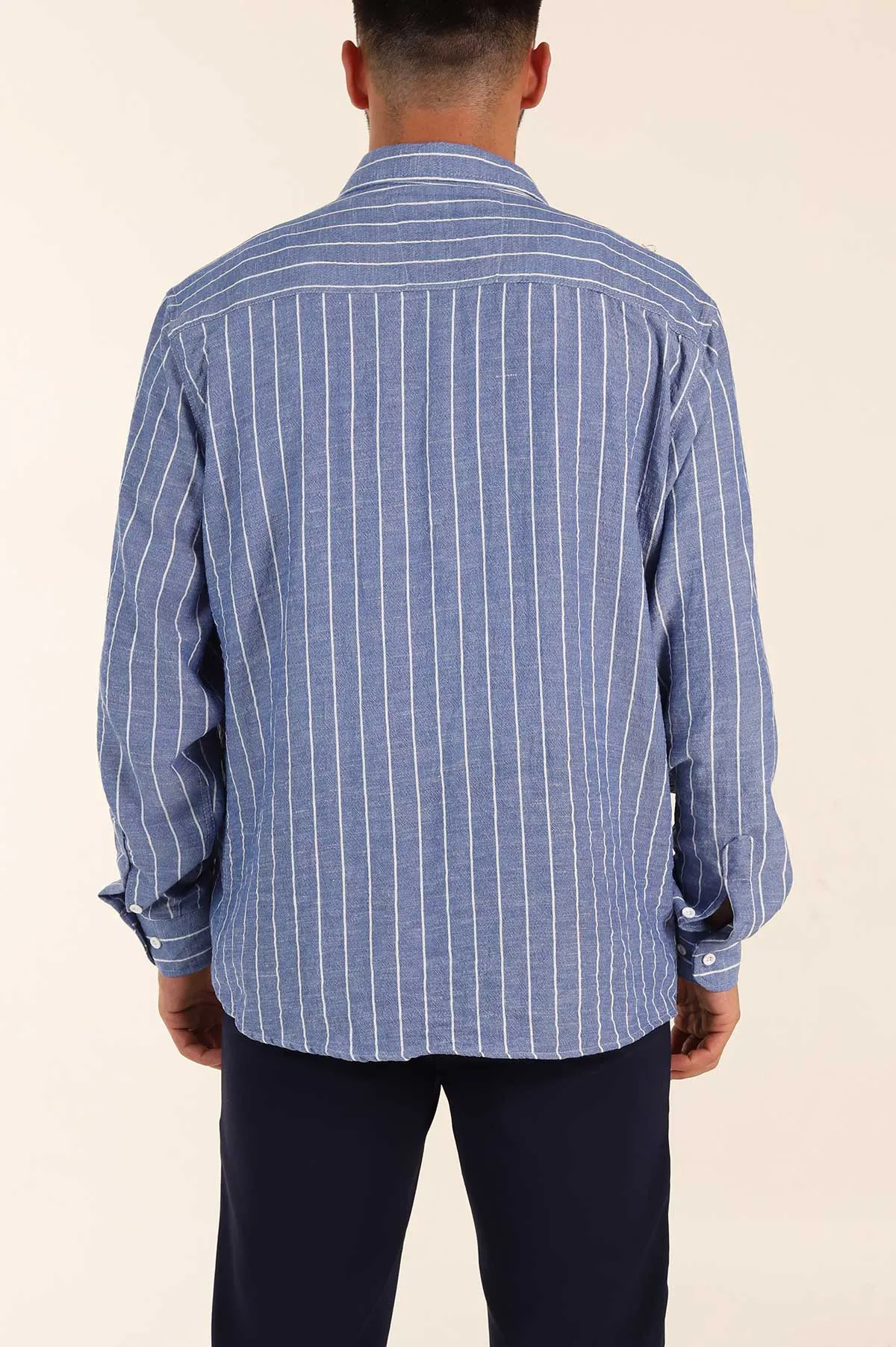 Saks Mavisi Relaxed Fit Keten Ata Yaka Çizgili Erkek Gömlek 376957