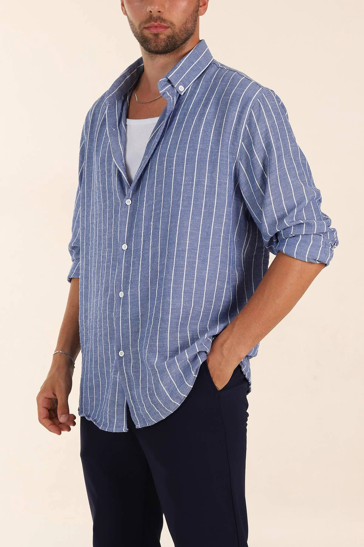Saks Mavisi Relaxed Fit Keten Ata Yaka Çizgili Erkek Gömlek 376957