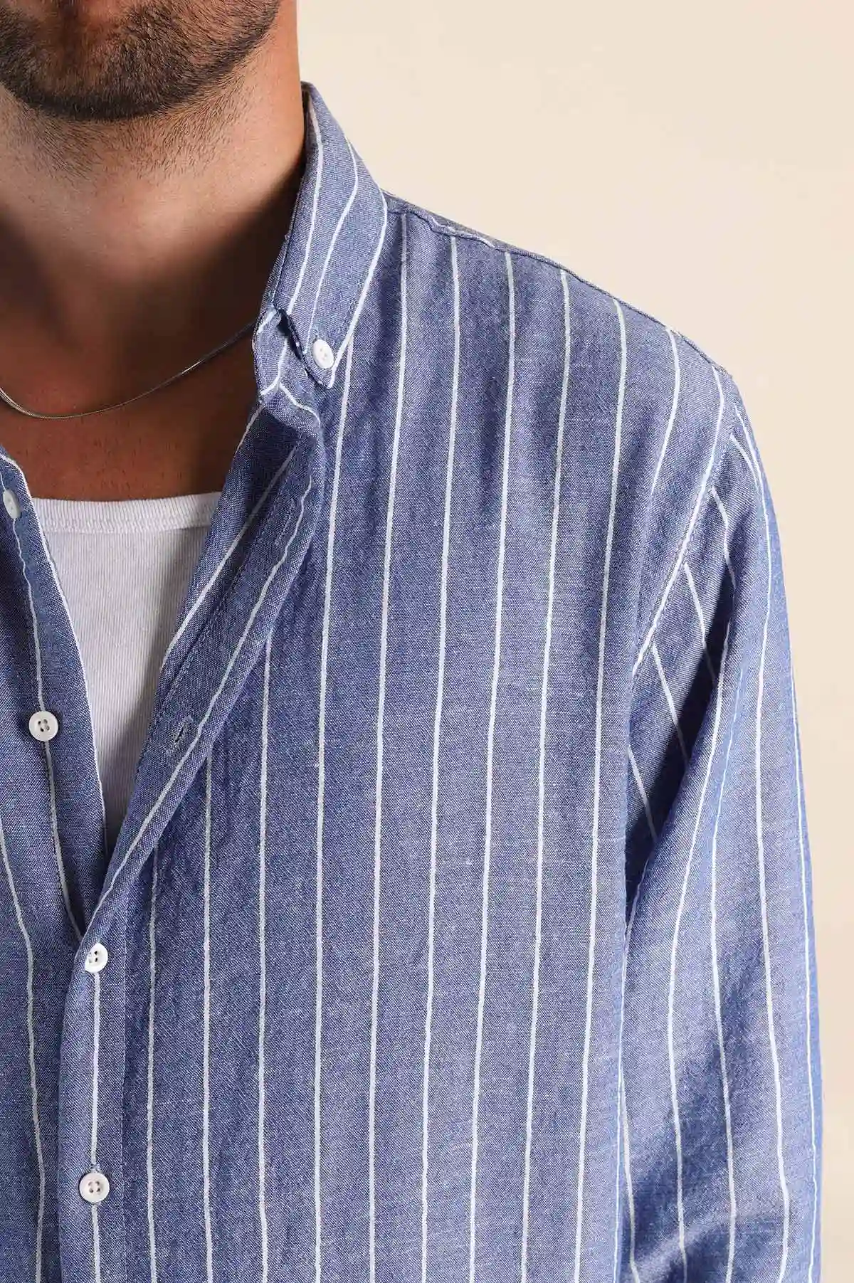 Saks Mavisi Relaxed Fit Keten Ata Yaka Çizgili Erkek Gömlek 376957