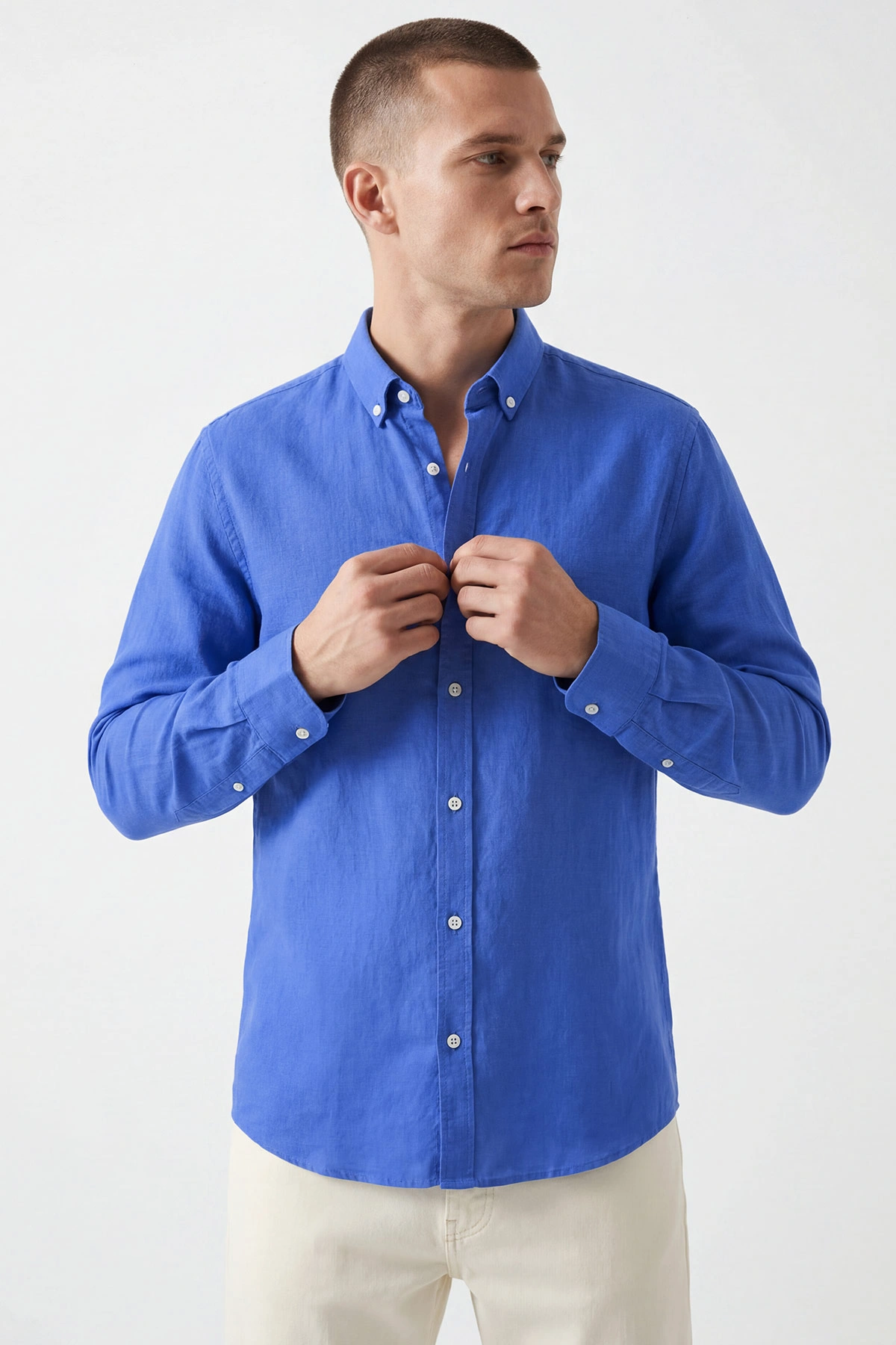 Saks Mavisi Relaxed Fit Keten Ata Yaka Erkek Gömlek 435845