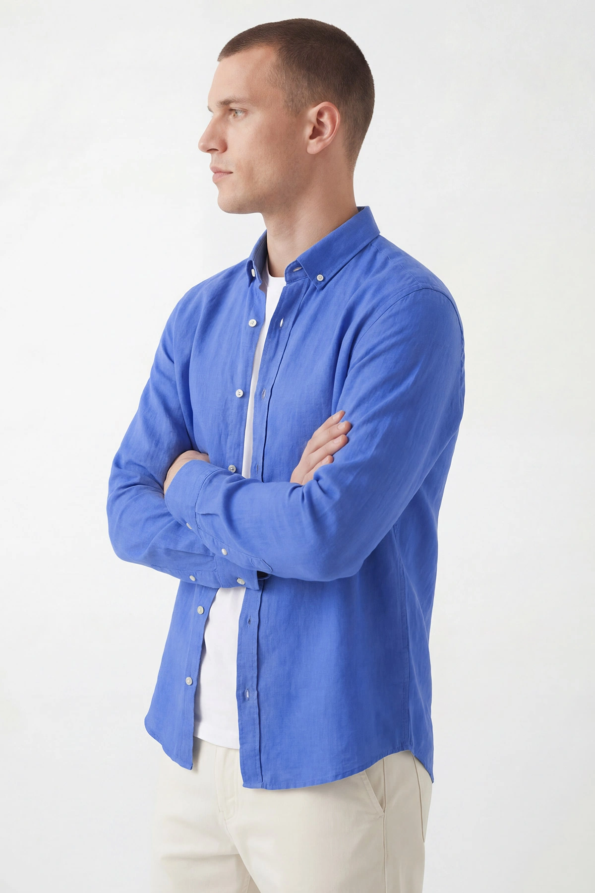 Saks Mavisi Relaxed Fit Keten Ata Yaka Erkek Gömlek 435845