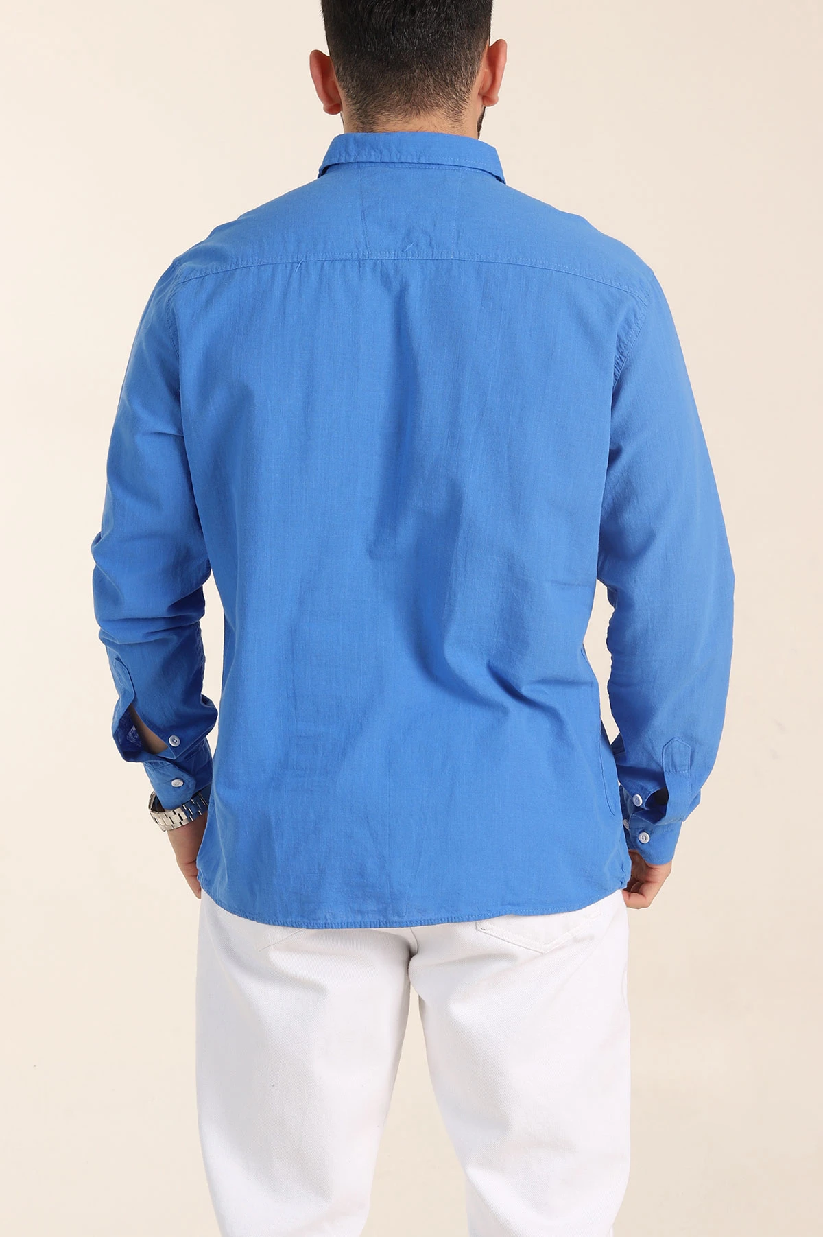 Saks Mavisi Relaxed Fit Keten Cep Detaylı Erkek Gömlek 356967