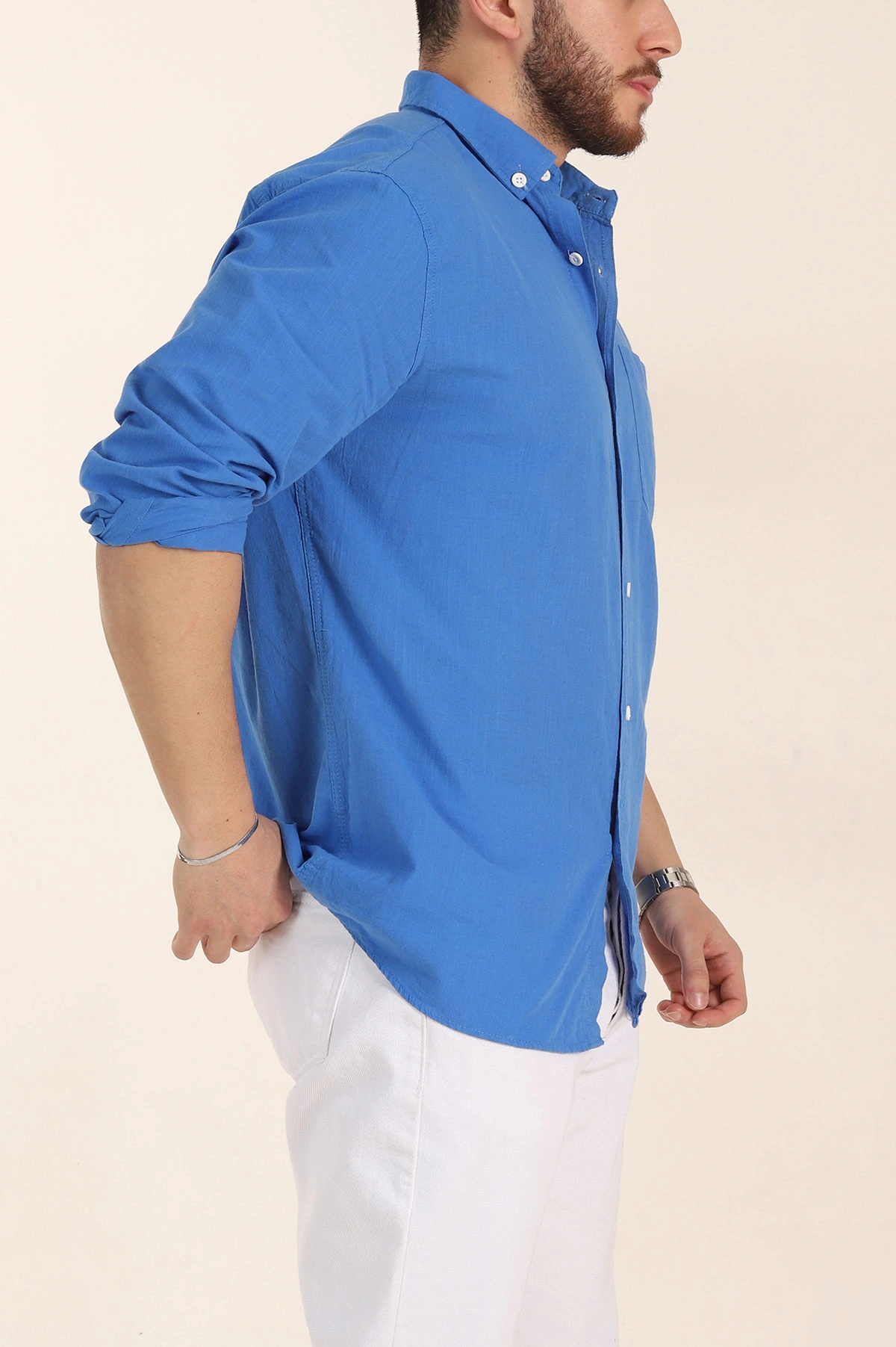 Saks Mavisi Relaxed Fit Keten Cep Detaylı Erkek Gömlek 356967