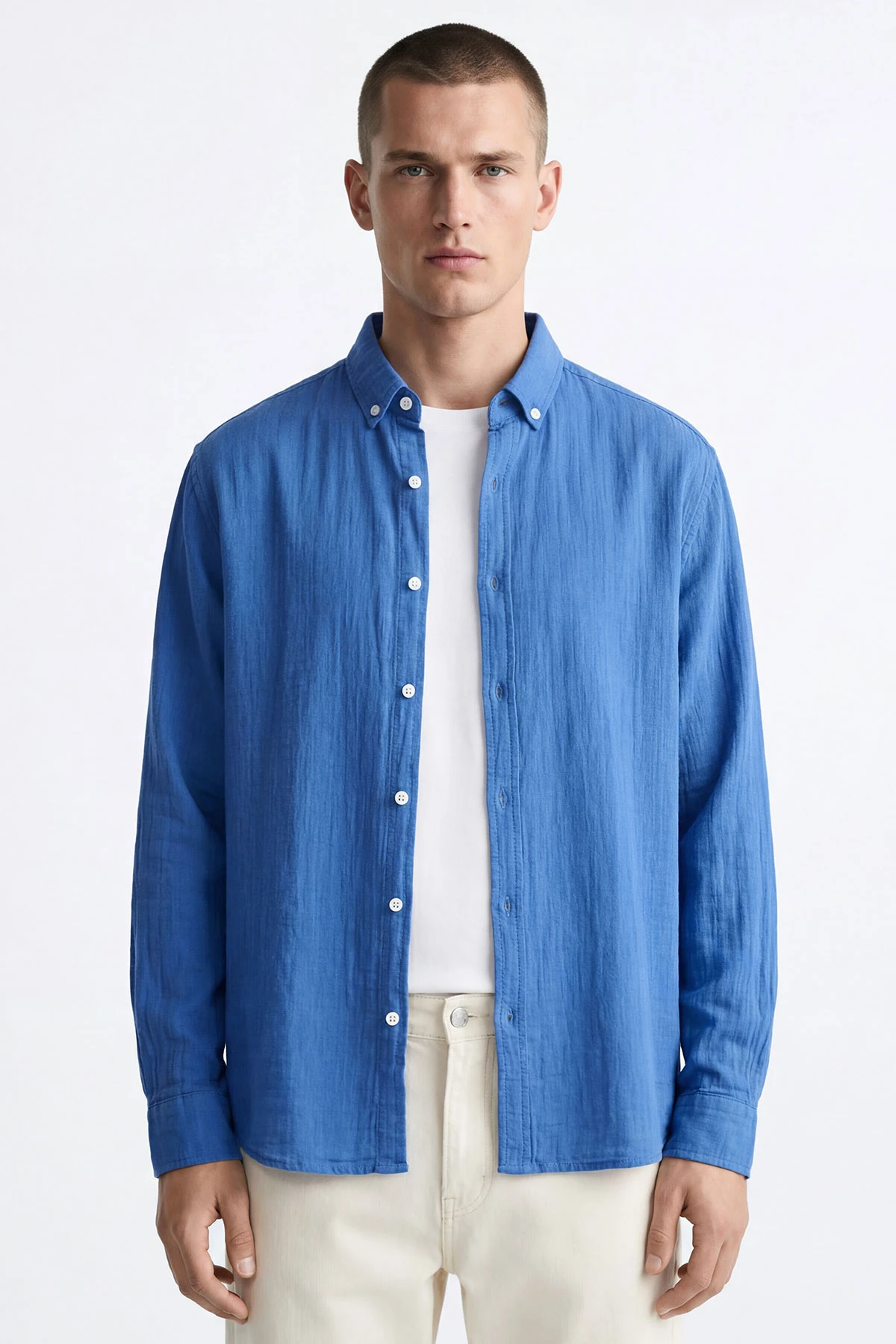 Saks Mavisi Relaxed Fit Müslin Keten Ata Yaka Erkek Gömlek 435756