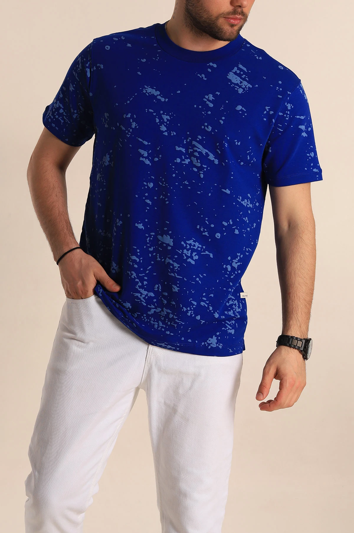 Saks Mavisi Relaxed Fit Sprey Baskılı Erkek Tişört 268119