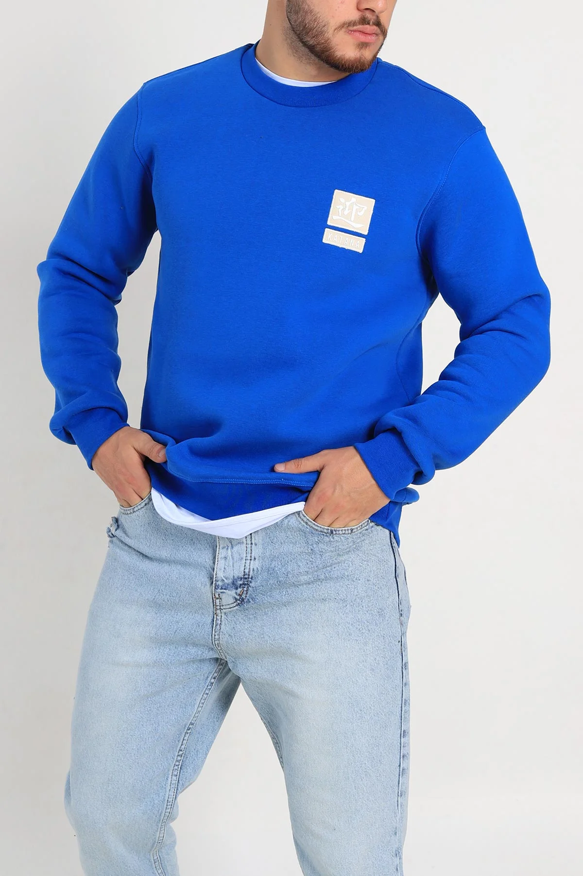 Saks Mavisi Relaxed Fit Üç İp Şardonlu Kabartma Detaylı Erkek Sweatshirt 309881