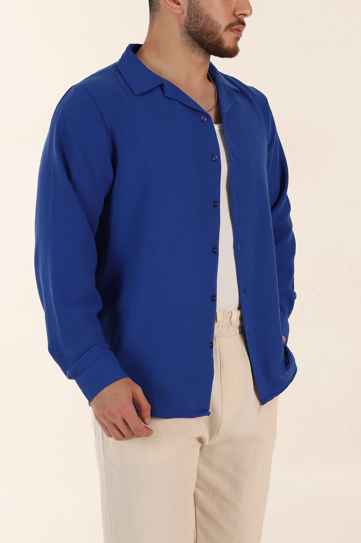 Saks Mavisi Relaxed Fit Uzun Kollu Apaş Yaka Erkek Gömlek 367435