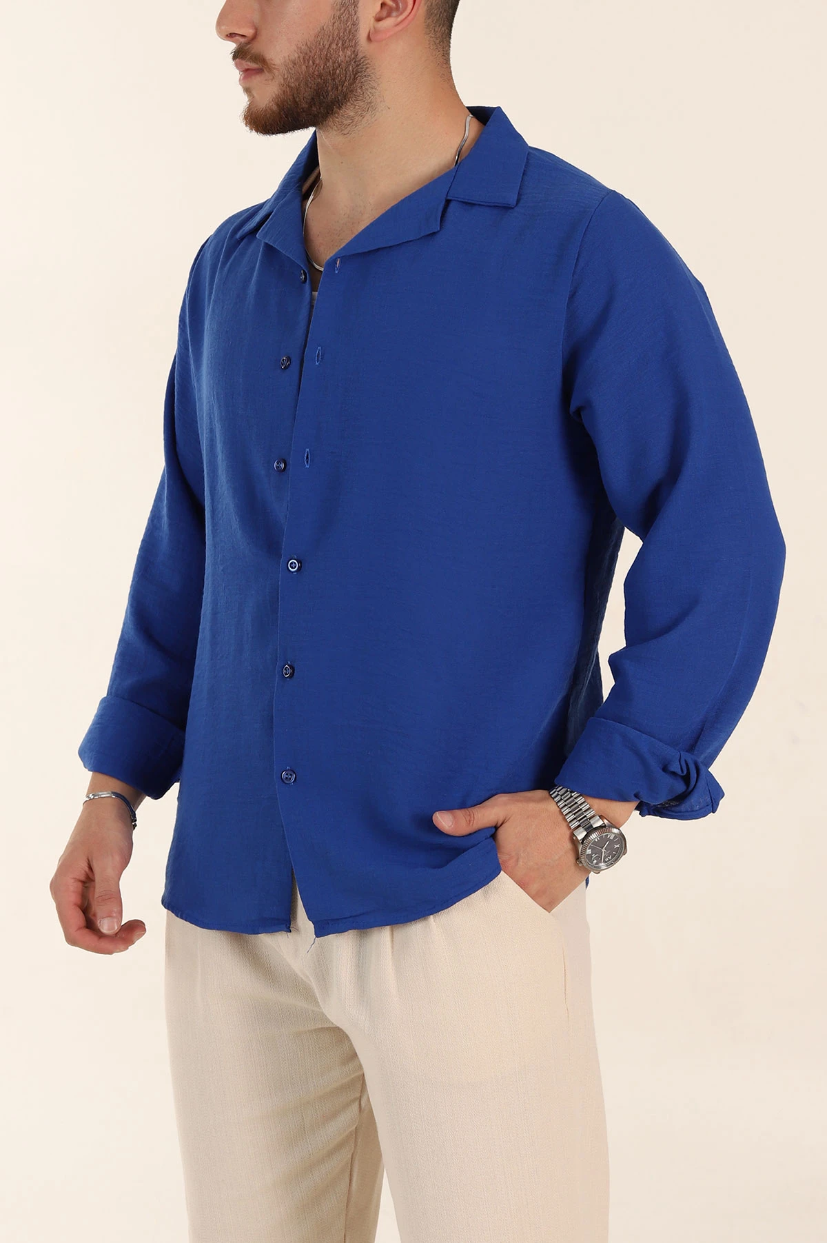 Saks Mavisi Relaxed Fit Uzun Kollu Apaş Yaka Erkek Gömlek 367435