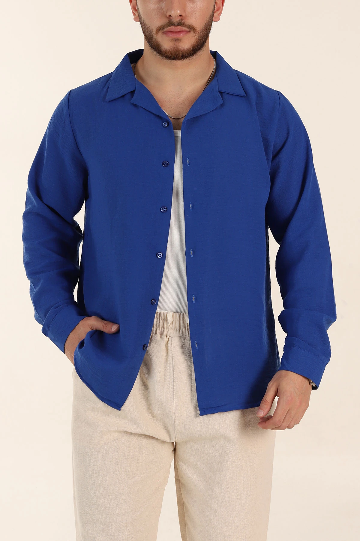 Saks Mavisi Relaxed Fit Uzun Kollu Apaş Yaka Erkek Gömlek 367435