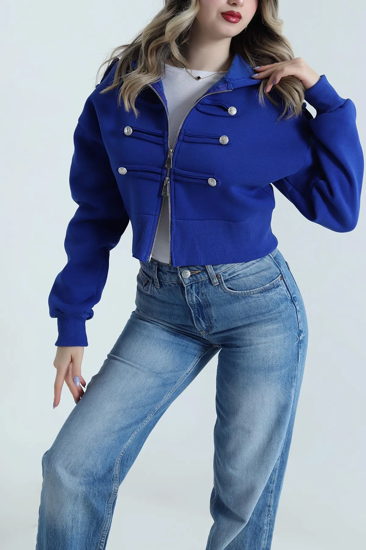 Saks Mavisi Şardonlu Apoletli Düğme Detay Sweat 495467