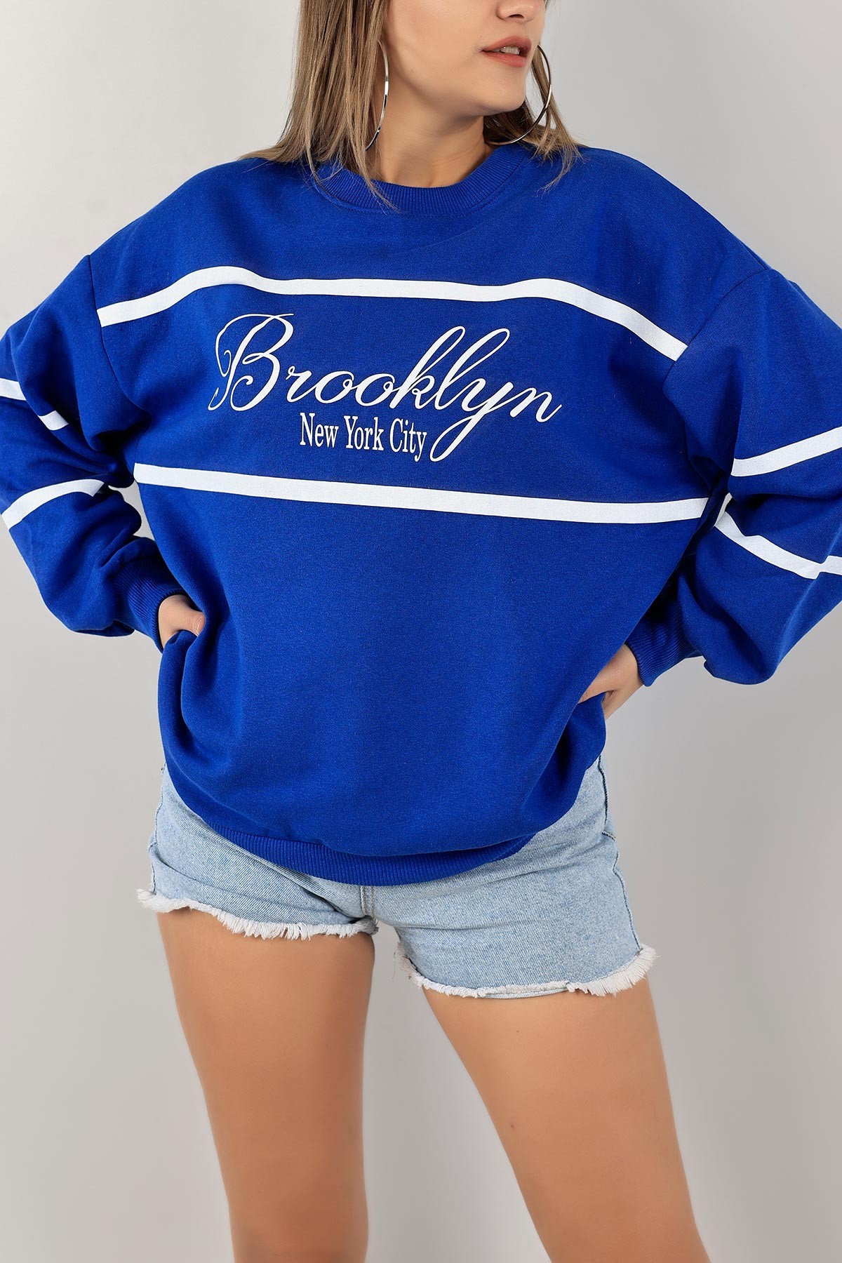 Saks Mavisi Şardonlu Baskılı Bayan Sweat 141648
