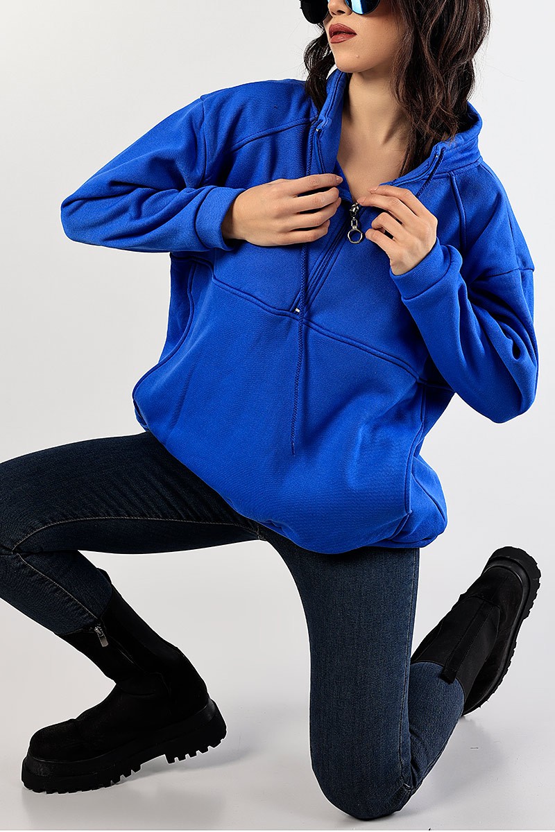 Saks Mavisi Şardonlu Kanguru Cepli Sweat 83356