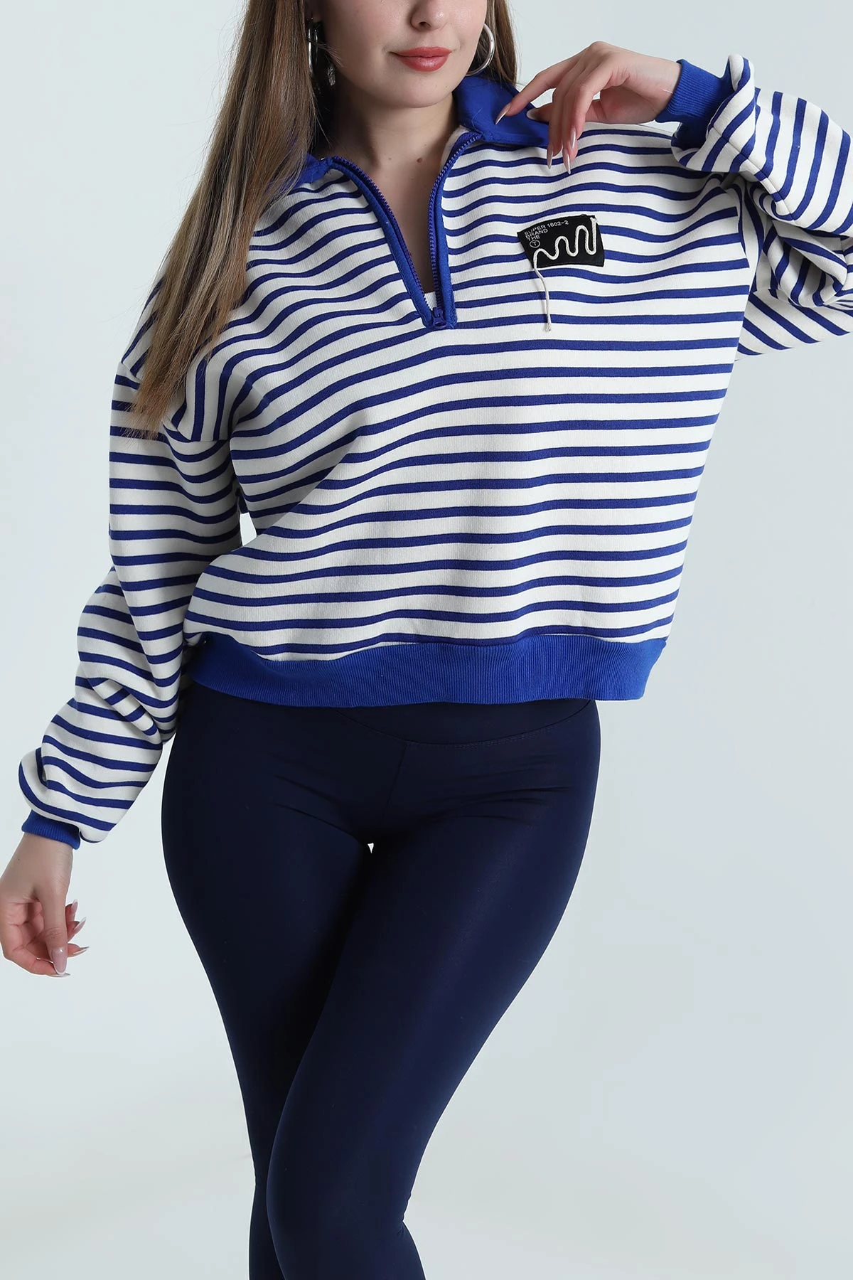 Saks Mavisi Şardonlu Polo Yaka Kadın Sweat 489523